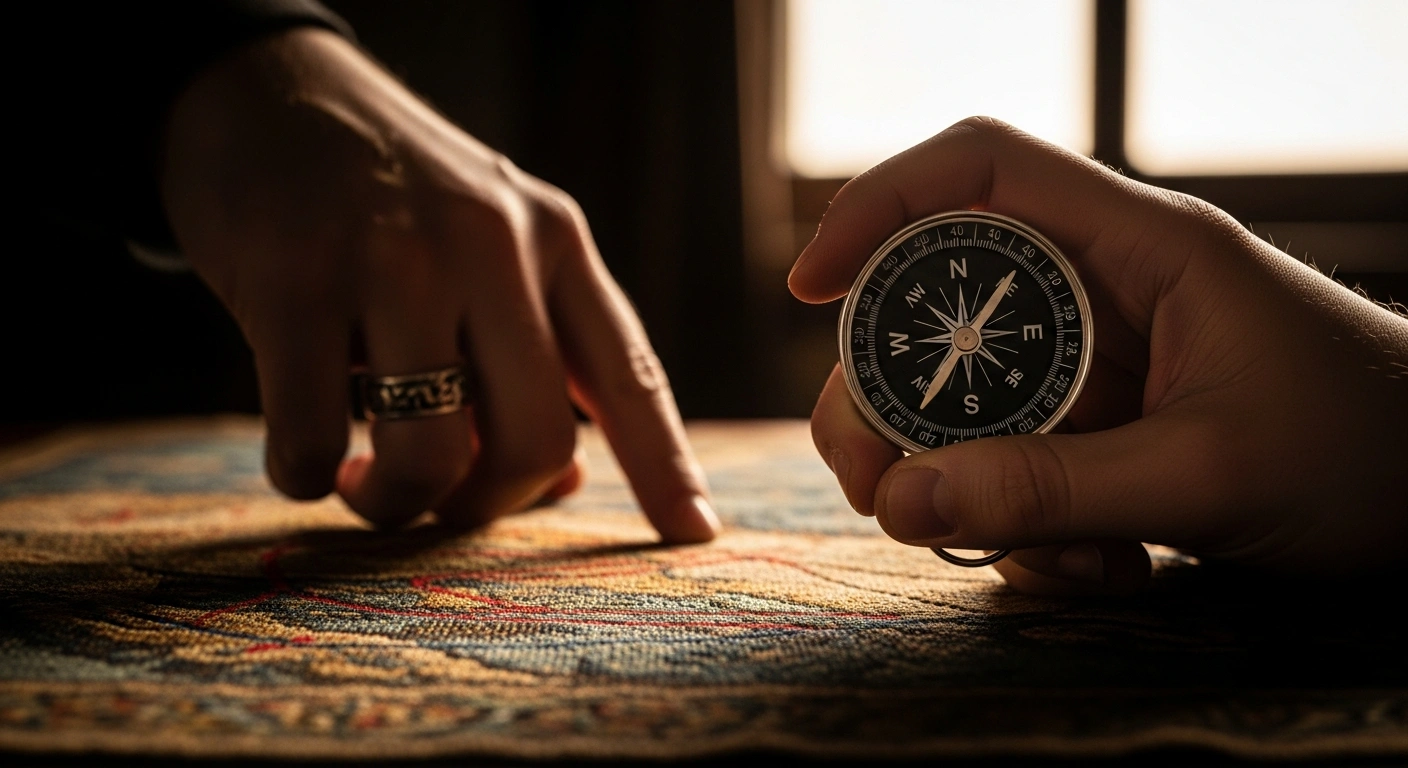 A close-up image depicts a hand, symbolizing Italy, withdrawing from a dimly lit silk tapestry representing China's Belt and Road Initiative, while simultaneously grasping a brightly lit compass pointing towards transatlantic solidarity, reflecting Italy's recalibration, new 'Buy Transatlantic' law, and cautious engagement with Beijing.