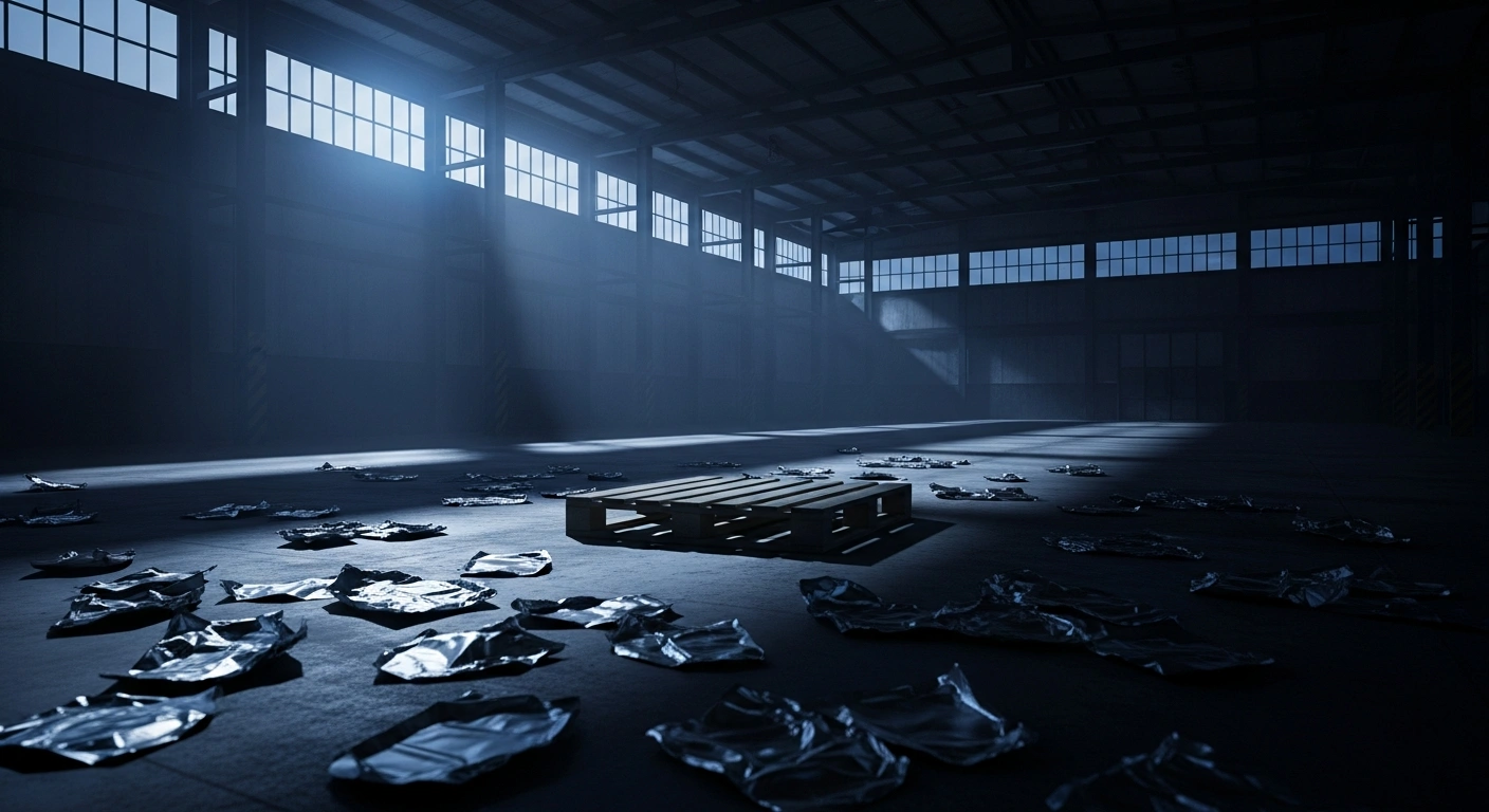 An empty shipping pallet sits in a dark warehouse after twelve tons of chocolate bars were stolen during transit in Italy.