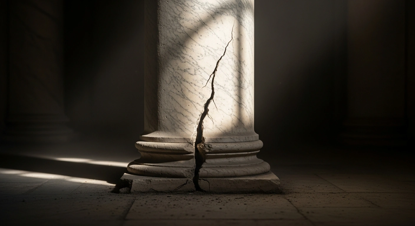 A weathered marble column, reminiscent of ancient Roman architecture, stands in a dimly lit hall with a deep crack illuminated by a weak shaft of light, symbolizing Italy's decline in the 2024 Corruption Perception Index.