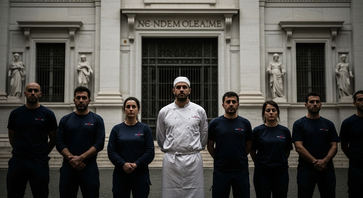 Italian cultural sector employees stand in front of a closed museum entrance during a nationwide strike for better wages and working conditions.