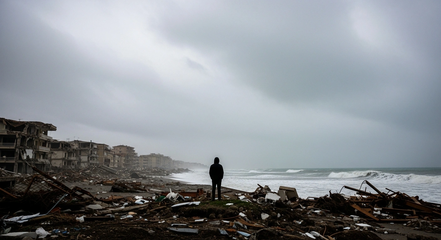 A wide, low-angle view of a devastated Italian coastal town in Sicily, Sardinia, or Calabria, showing partially submerged buildings and debris under overcast skies, symbolizing the severe impact and over 1 billion euros in damages caused by Cyclone Harry, leading to a state of emergency declared by the Italian government.