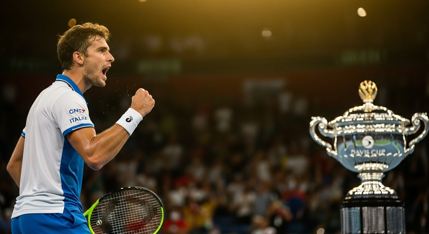A triumphant Italian tennis player, representing the two-time defending champions, celebrates a decisive victory on a brightly lit court, raising his arm in a powerful fist pump as the Davis Cup trophy is subtly visible in the background, symbolizing Italy's advancement to the semifinals.