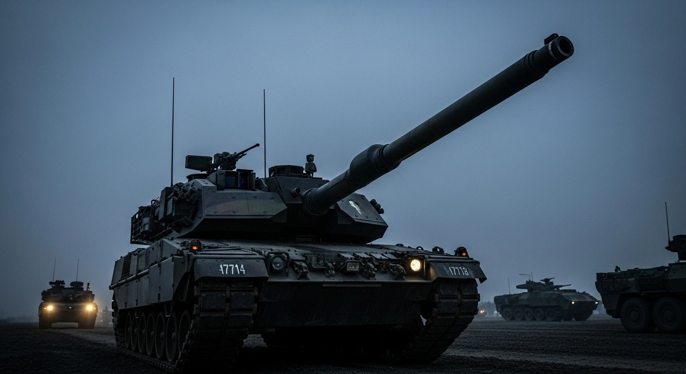 A modern Italian main battle tank stands ready at dawn, symbolizing Italy's €31.3 billion defense budget increase for 2025, which funds military modernization including tank upgrades, new fighting vehicles, and fighter jet programs to meet NATO spending targets.