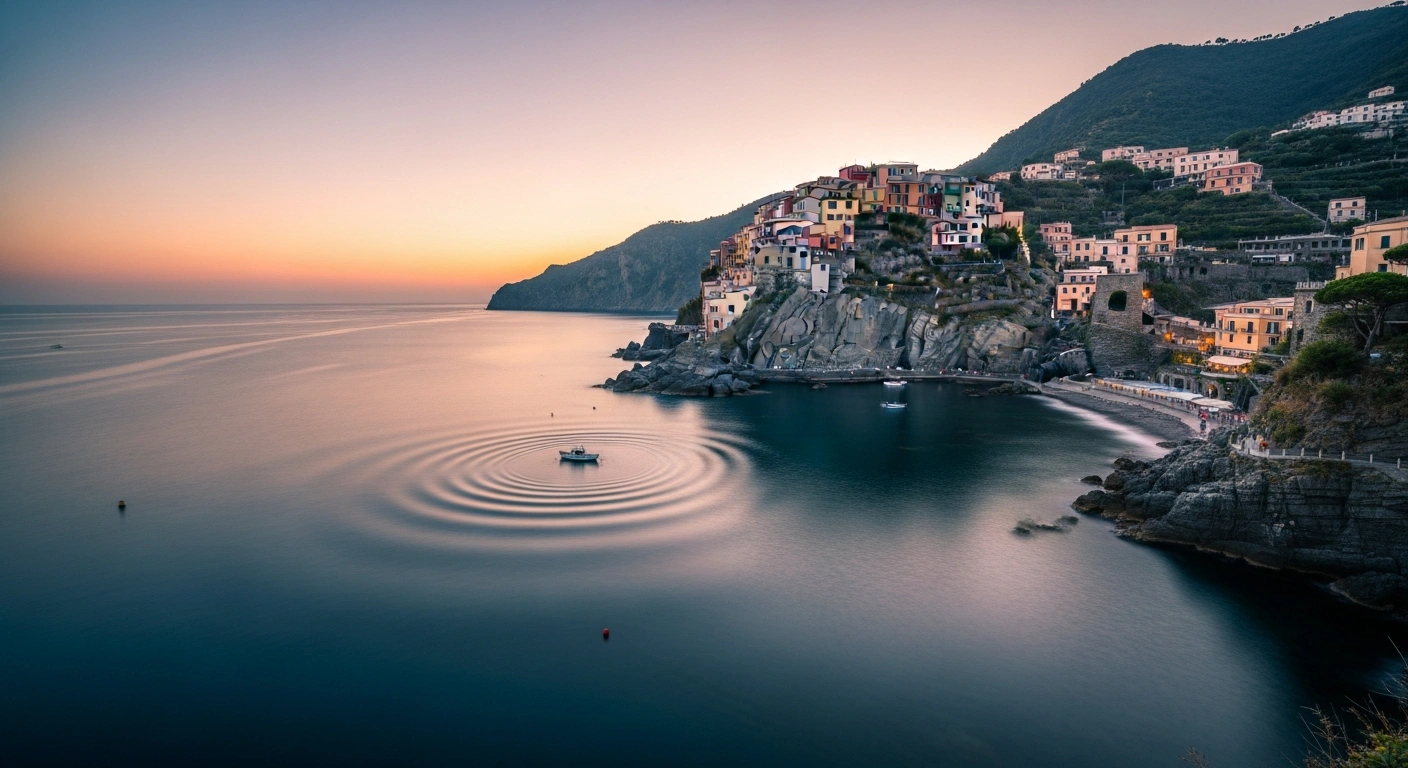A wide shot of the tranquil Cilento coast at dawn, featuring an ancient Italian village on a cliff, subtly illustrating the deep 4.5 magnitude earthquake recorded near Montecorice in Italy's Salerno province.