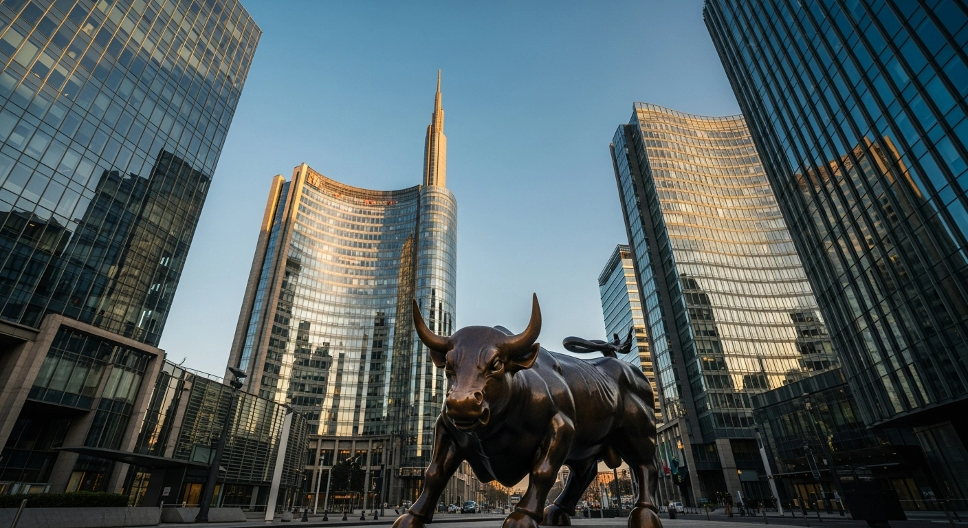 A modern financial district in Milan represents the steady growth of the Italian economy during the second quarter of 2026.