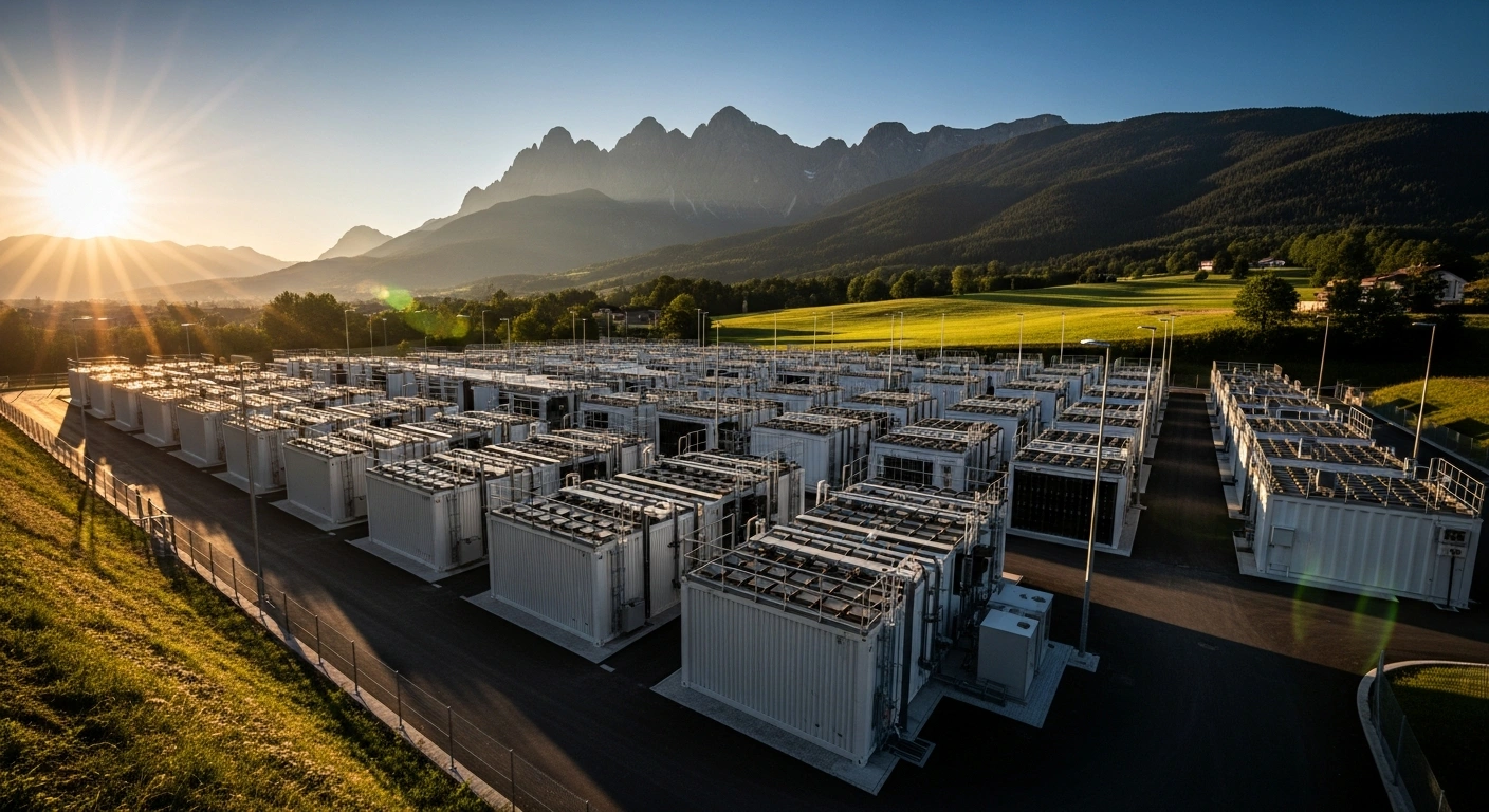 A modern energy storage facility with rows of battery containers sits in the Northern Italian landscape to support grid stability for the Terna capacity market.