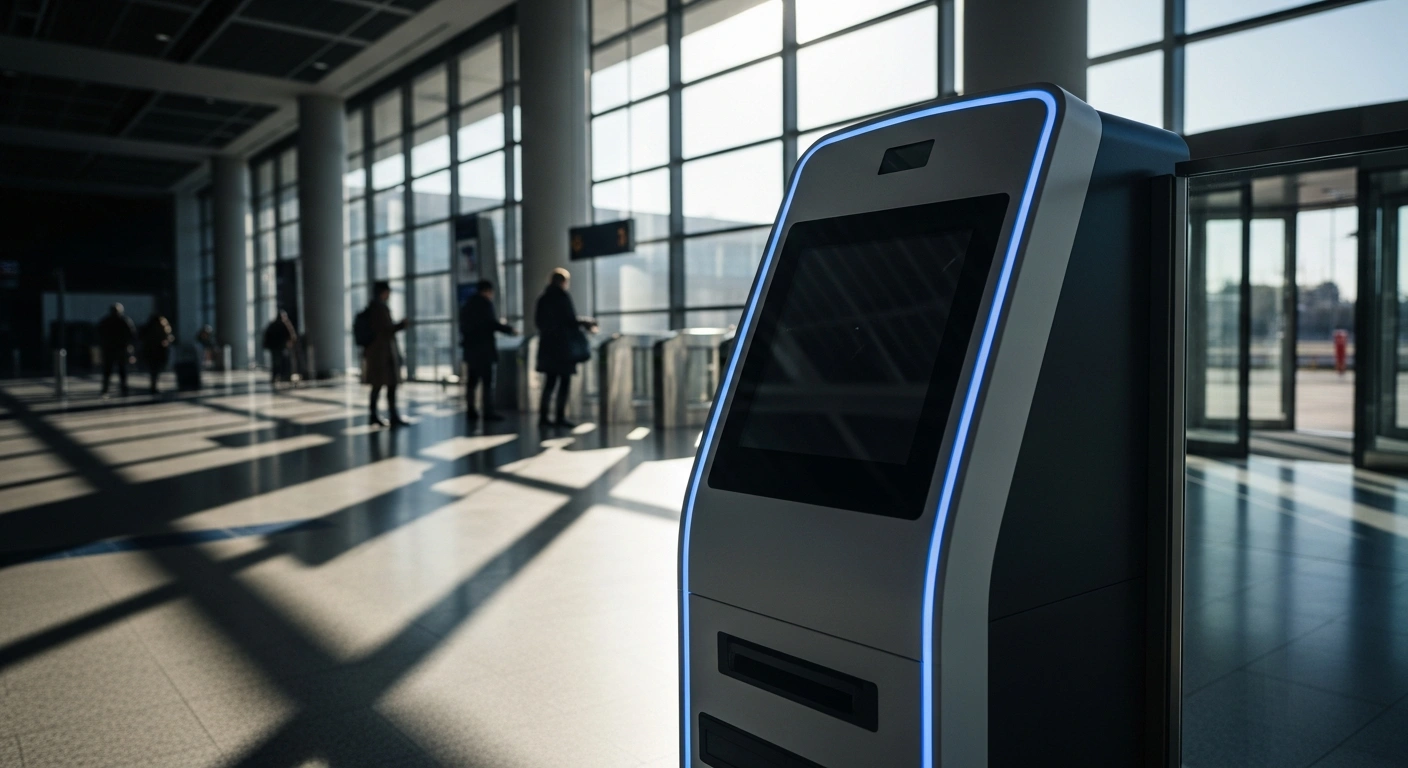 A modern biometric scanning kiosk stands at an Italian border crossing to facilitate the new EU Entry/Exit System for non-EU travelers.