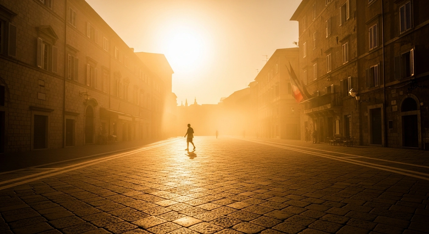 A scorching sun beats down on a deserted Italian city square during a severe heatwave as the Italian Health Ministry issues red level alerts.