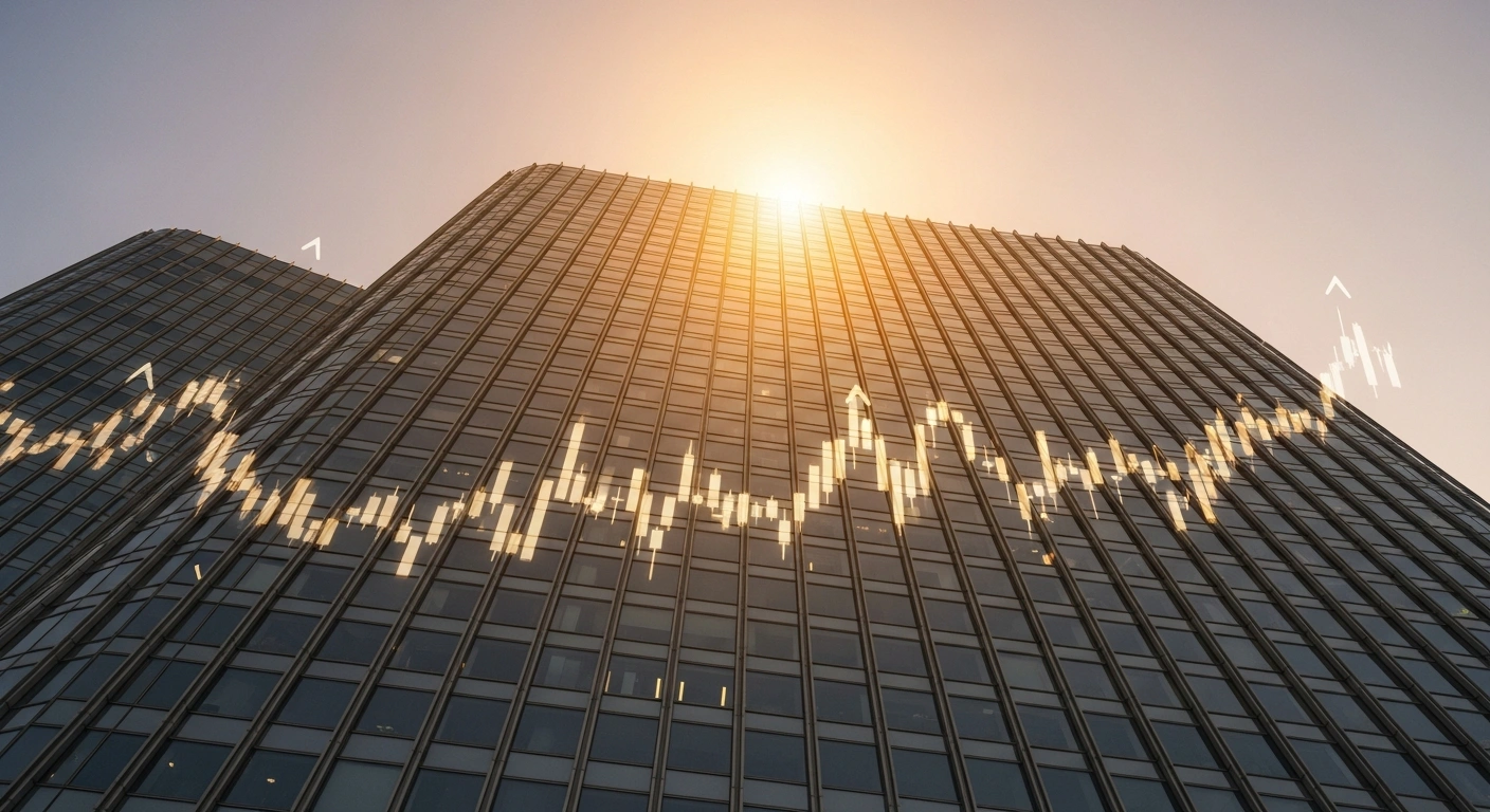 A modern financial building at sunrise, its glass facade reflecting subtle upward market trends, symbolizing the positive close of Italy's FTSEMIB index on January 27, 2026, amidst investor optimism for the EU-India trade agreement and anticipation of the US Federal Reserve's policy decision.