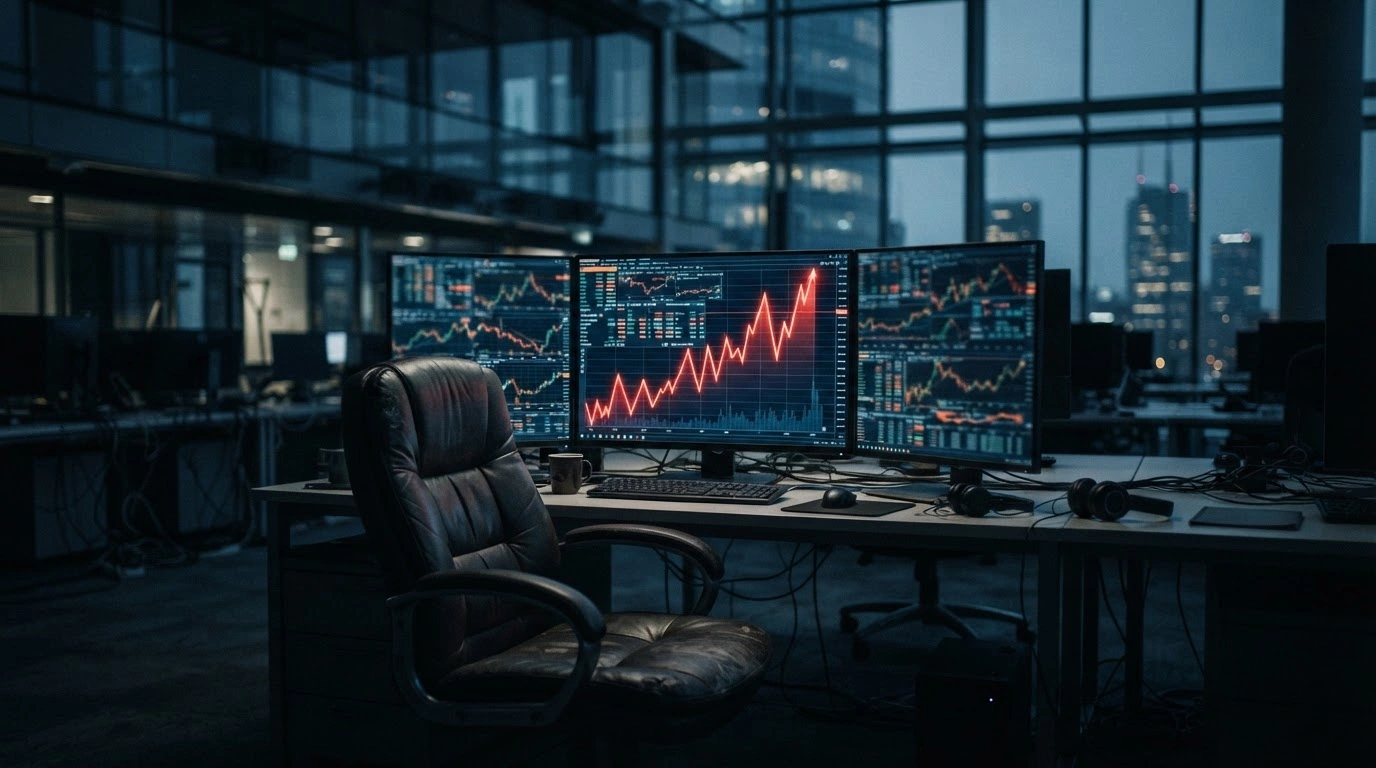 A modern trading floor displays fluctuating financial data on monitors, illustrating the widening spread between Italian and German government bonds.