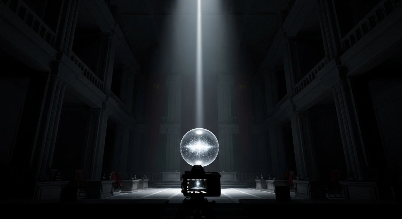 A dramatic, low-angle shot in a grand, dimly lit chamber features a glowing, translucent sphere, symbolizing personal data, illuminated by a single spotlight, representing the resolution of Italy's competition authority's probe into Google's data practices and Google's commitment to clearer consent and transparency.