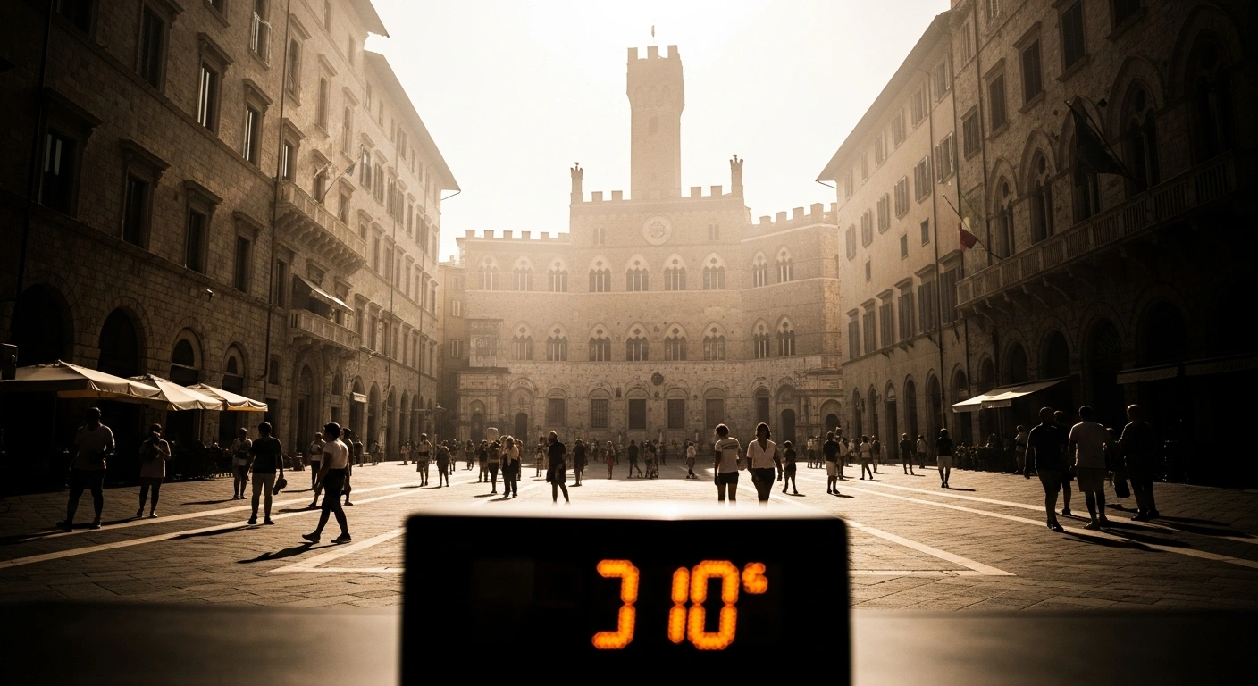 A sun-drenched Italian city square experiences an intense heatwave as the Ministry of Health issues orange-level warnings for rising temperatures.