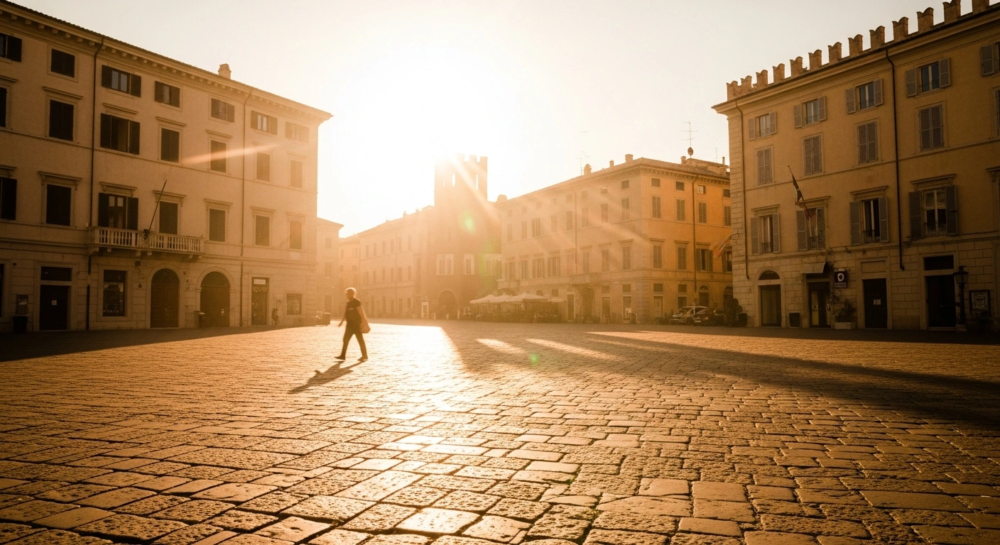 A deserted and sun-scorched Italian city square during a severe heatwave under a red alert warning.
