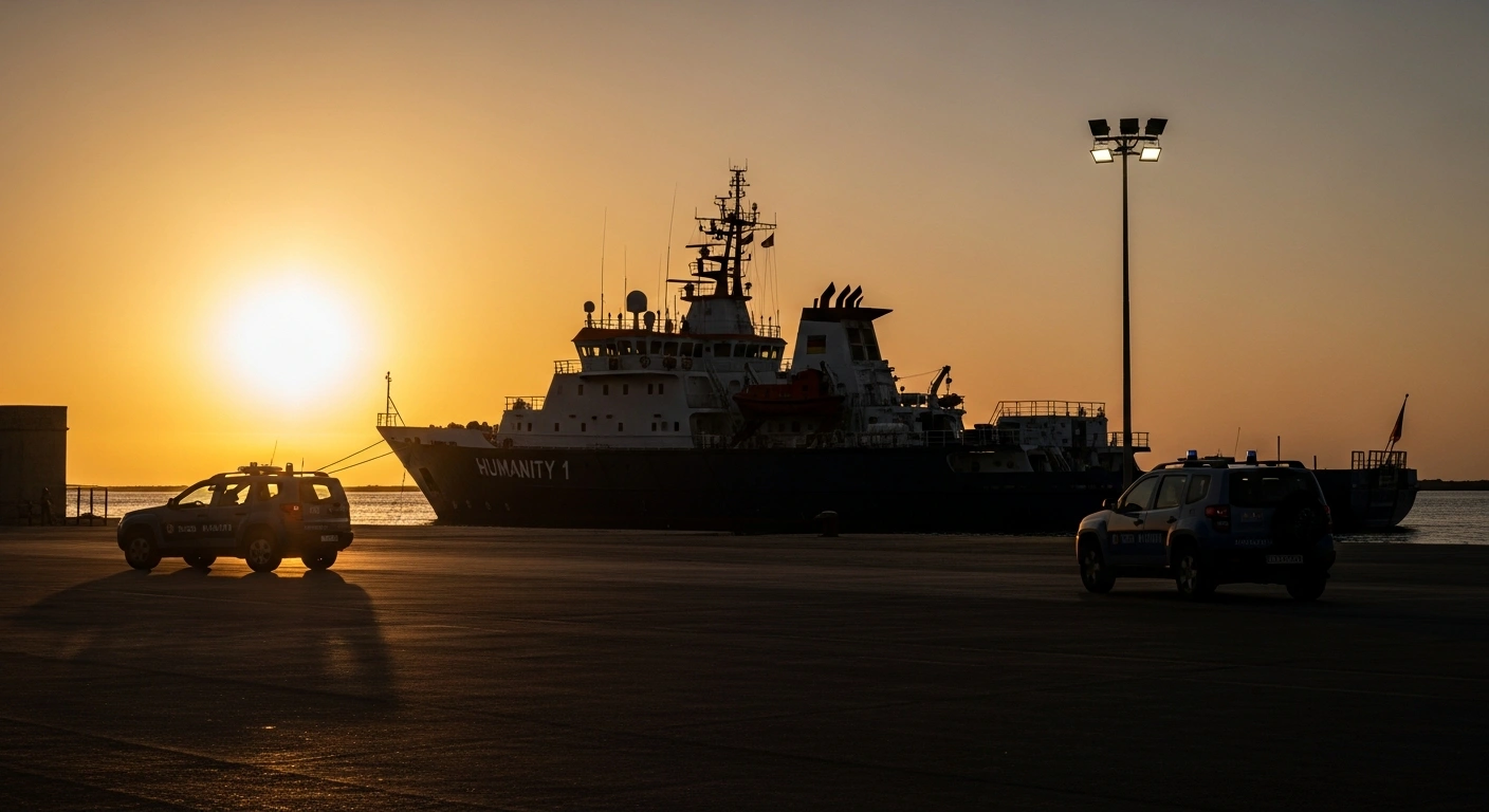 The German rescue ship 'Humanity 1' is shown impounded at dusk in the harbor of Trapani, Sicily, with Italian Coast Guard vehicles nearby, following its recent rescue operations in the Mediterranean.