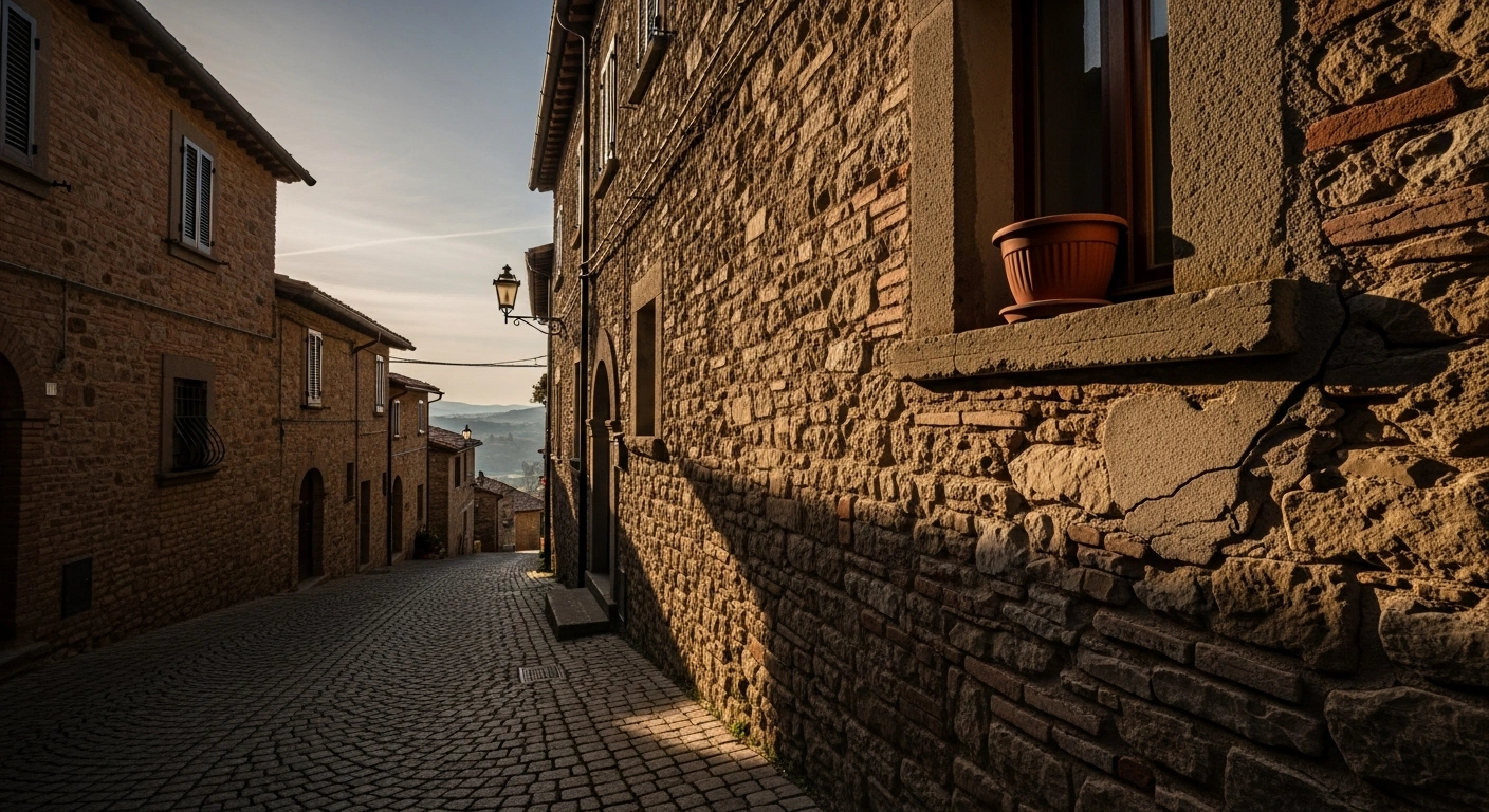 A quiet, cobblestone street in an Italian village at dawn, showing a slightly askew terracotta pot and a subtle crack in a stone wall, depicting the aftermath of a magnitude 3.8 earthquake in Italy's Marches region near Sant'Angelo in Pontano, which was widely felt but caused no reported damage or injuries.