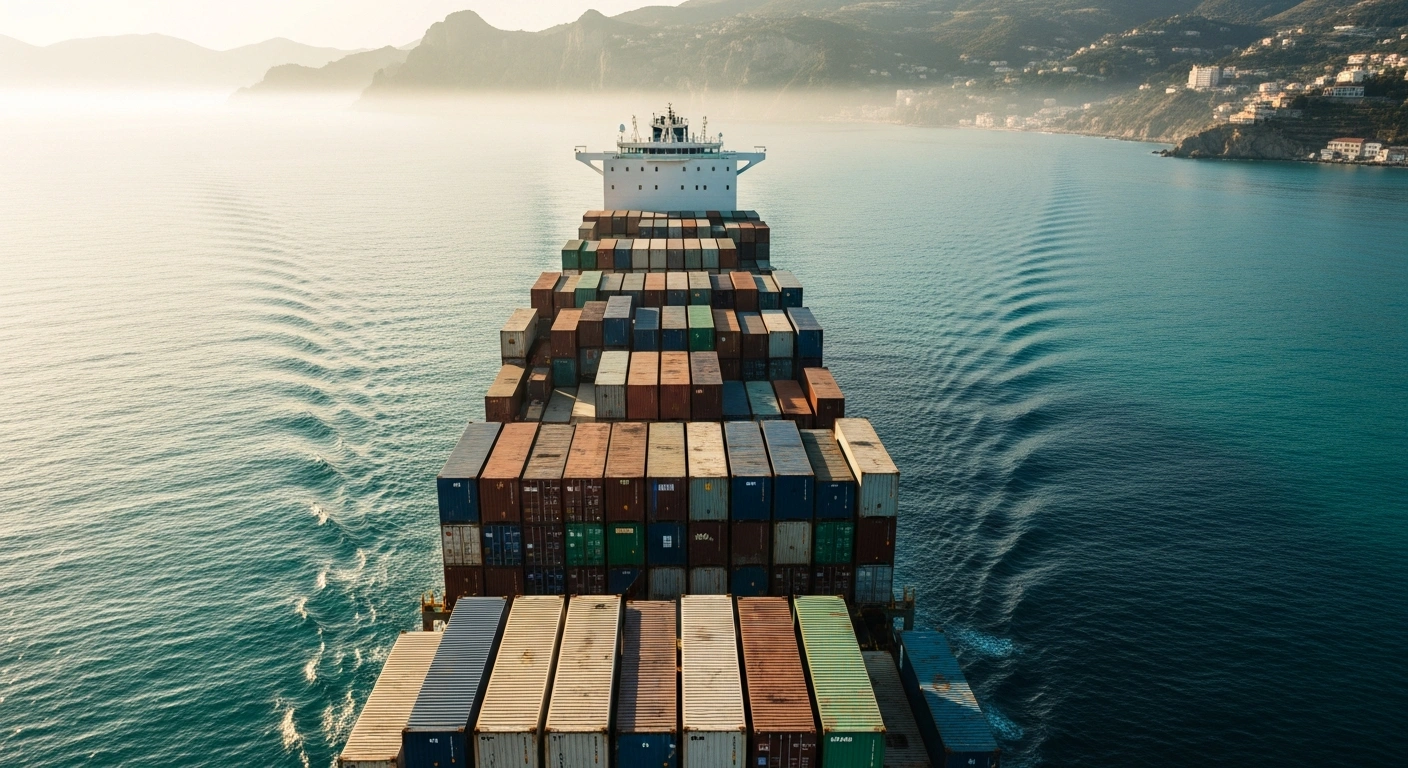 A large cargo ship sails along the Italian coast as part of a new maritime corridor initiative to reduce road freight traffic.