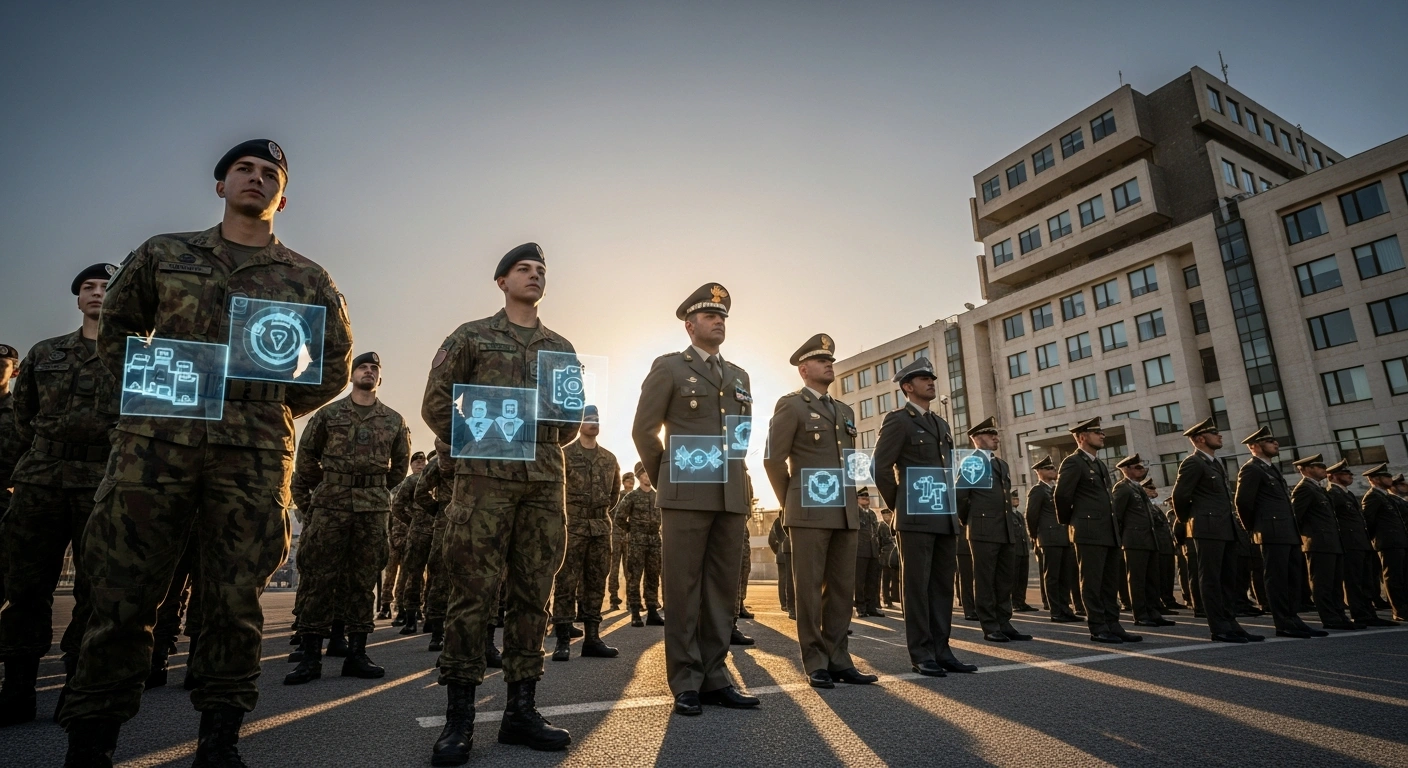 A diverse formation of Italian military personnel, including a young recruit and a seasoned officer, stands resolutely at golden hour in front of a modern military headquarters, symbolizing Italy's plan to strengthen its armed forces, increase personnel, and establish a new voluntary draft and cybersecurity branch by 2040.
