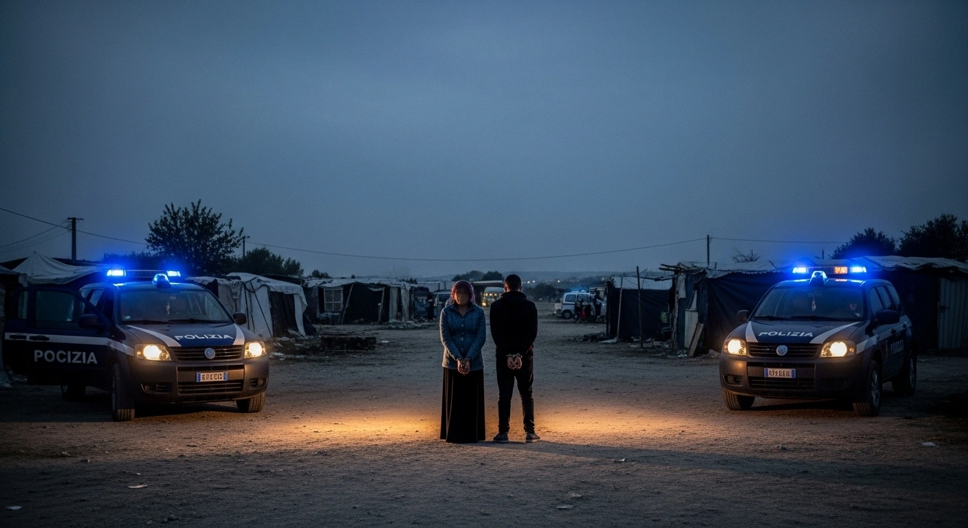 A somber pre-dawn scene shows a woman and a young man, silhouetted and bound, standing amidst police vehicles with flashing lights in a dusty Romani camp, depicting their arrest in Lonato del Garda, Italy, in connection with the murder of Dolores Dori.