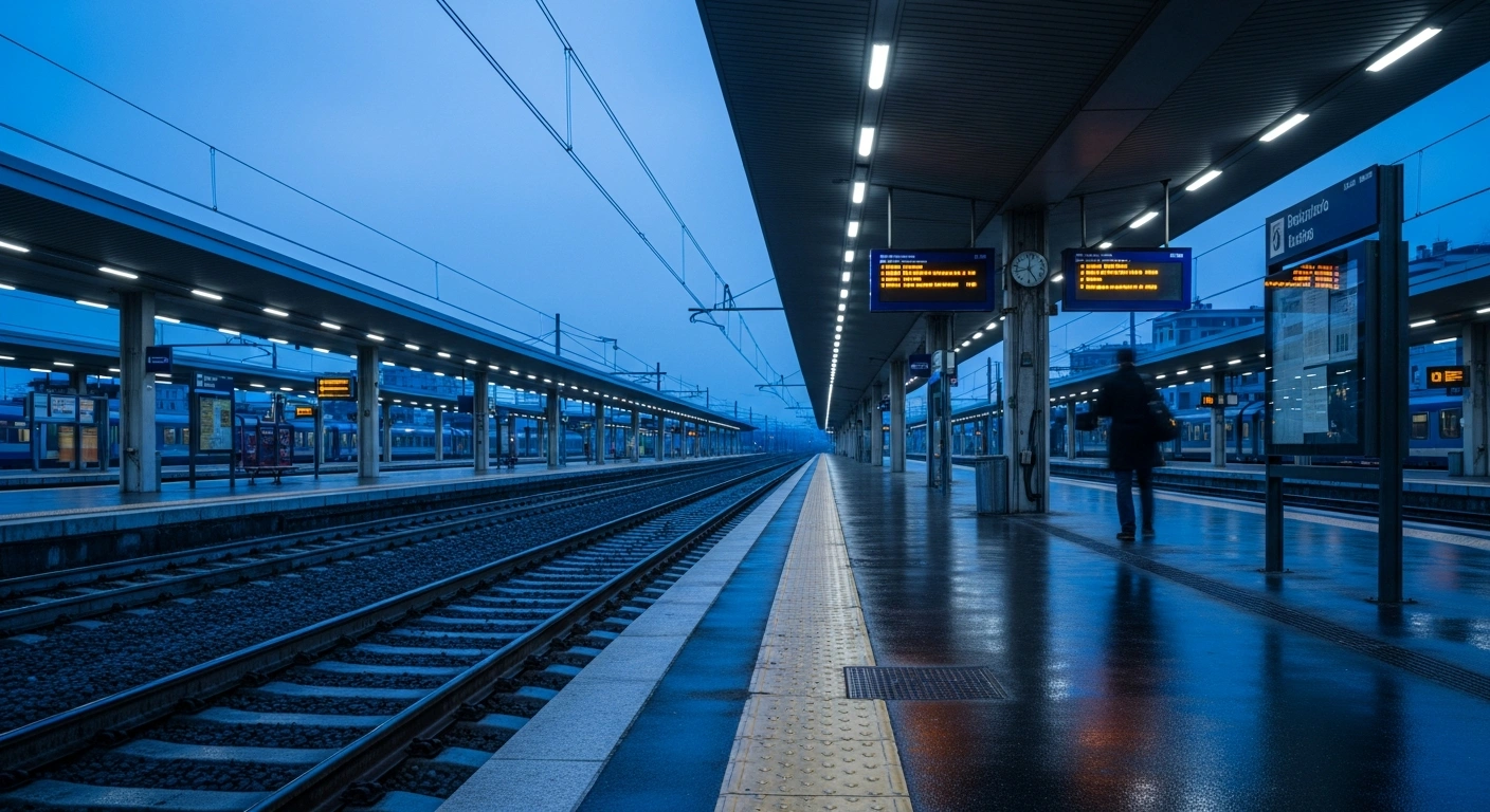 A deserted train station platform in Italy during a national railway strike, with empty tracks and a darkened departure board.