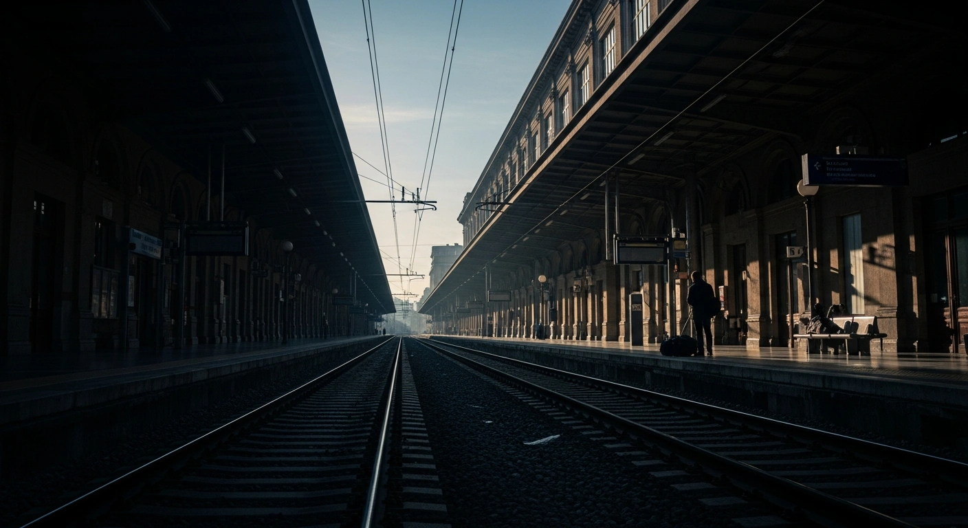 A deserted Italian train station platform at dawn, with a single silhouetted figure and empty tracks, symbolizing the national rail disruptions due to a train strike in Italy from February 27-28, 2026.