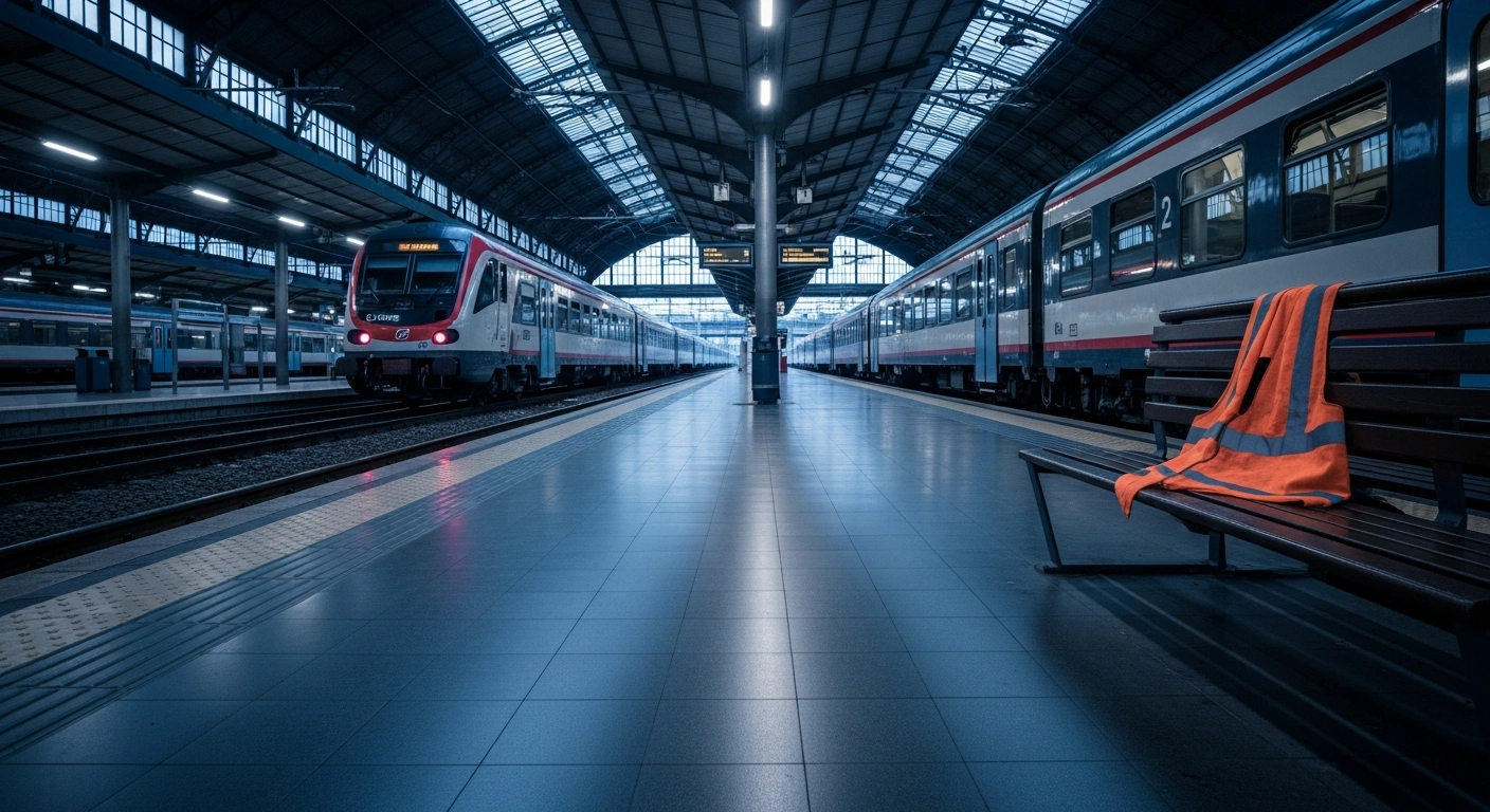 An empty train station platform in Italy during a nationwide general strike that has halted public transport services.