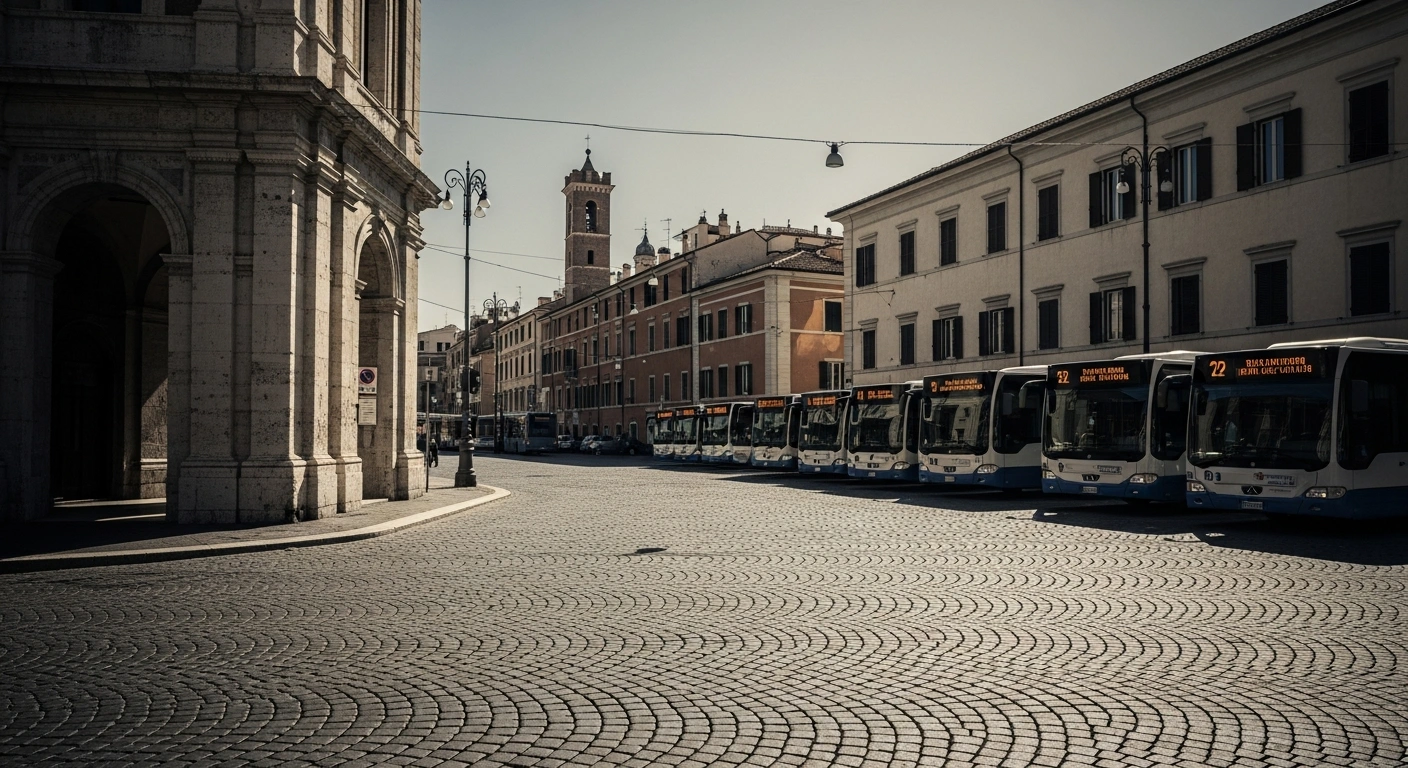 Empty buses are parked in a deserted Italian city square during a nationwide general strike protesting economic policies and working conditions.
