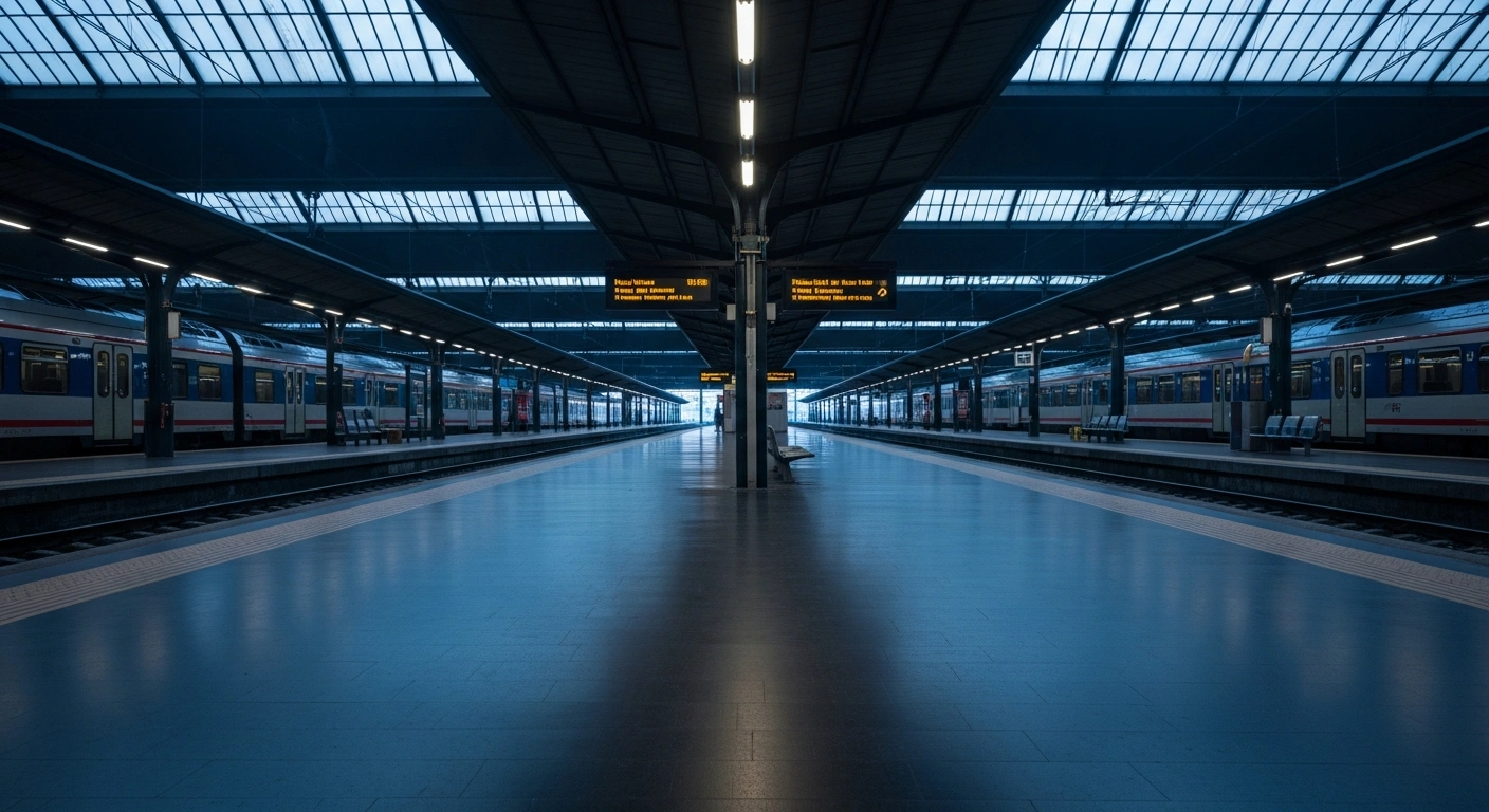 An empty train station platform in Italy remains deserted during a nationwide transport strike that has halted metro and train services.