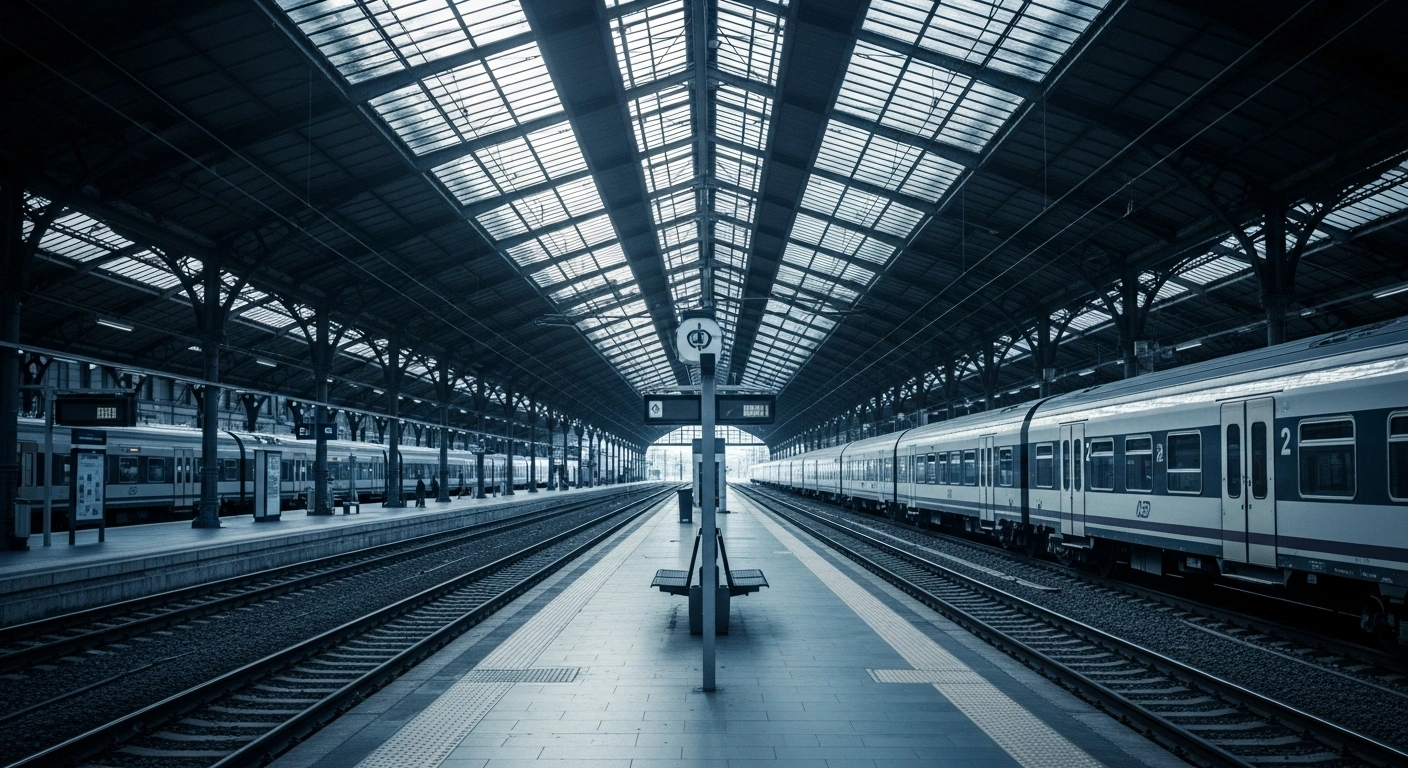 Empty train platforms at an Italian station during a nationwide transport strike that has halted rail and public transit services.