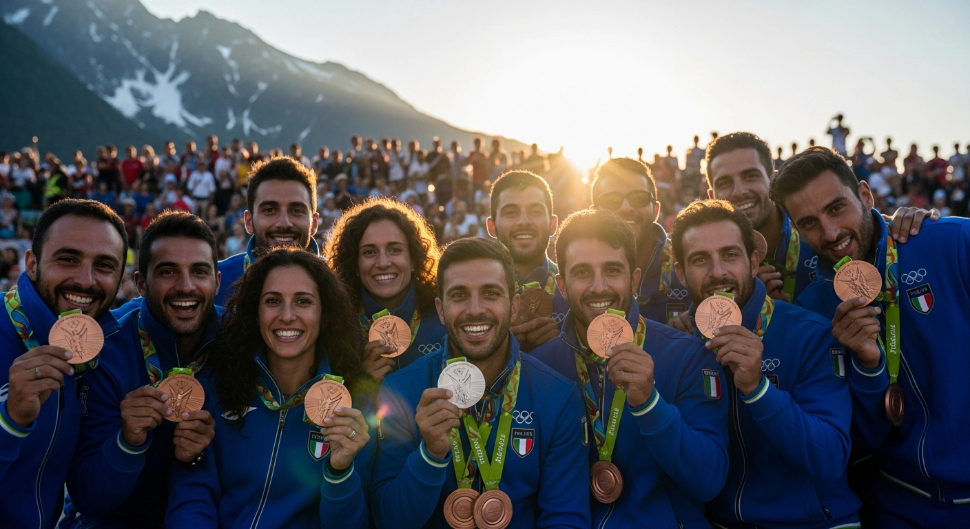 A group of triumphant Italian athletes proudly displays one silver and five bronze medals against a snowy mountain backdrop, celebrating their record-breaking day at the Milano Cortina 2026 Winter Olympics.