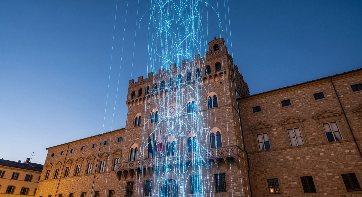 A majestic Italian palazzo, bathed in the warm light of a setting sun, with subtle glowing blue digital lines emanating from its ancient stone facade, visually representing Italy's Treasury completing the sale of its PagoPA digital payment unit to the state mint and Poste Italiane to bolster digital services and public administration efficiency.