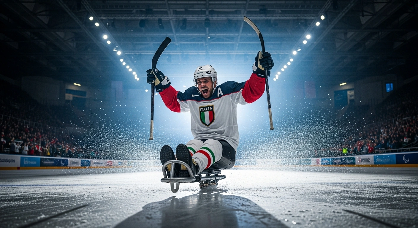 An Italian para ice hockey player celebrates a victory on the ice during the Milano Cortina 2026 Paralympic Winter Games.