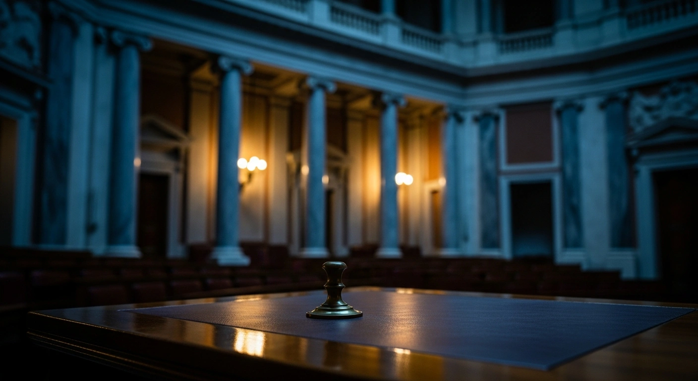A symbolic representation of the Italian government pausing the SAFE loan program featuring an unpressed brass seal on a desk inside a legislative building.