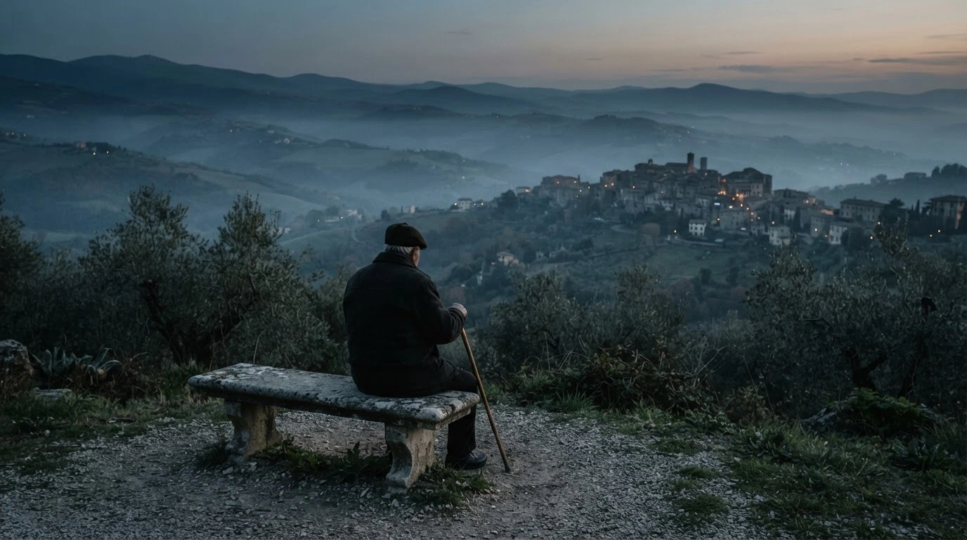 An elderly person sits alone on a stone bench overlooking a misty Italian landscape, symbolizing Italy's projected population decline and aging demographic trends.