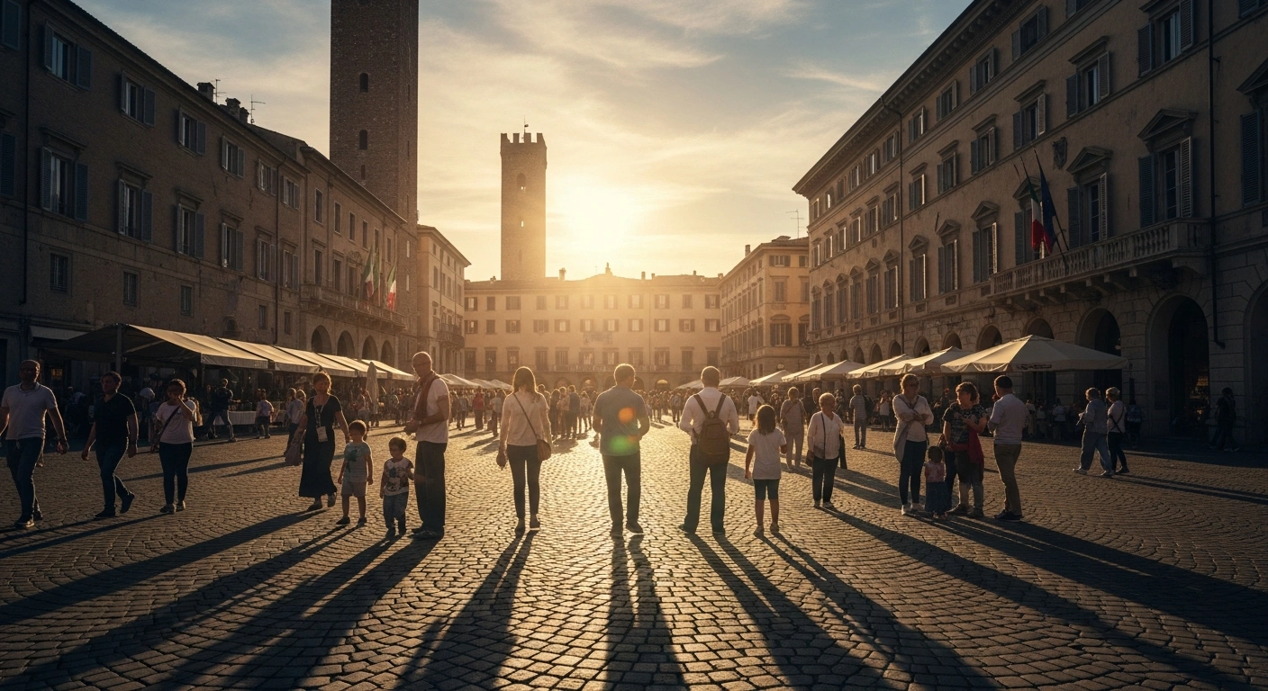 A diverse group of people gathers in a sunlit Italian piazza, representing the stabilization of Italy's population through immigration.