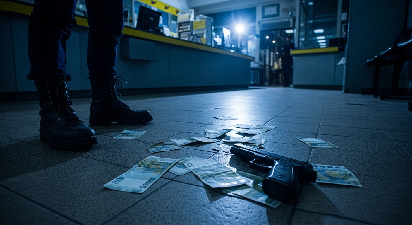 Police officers stand over a pile of recovered euro banknotes and a blank-firing pistol on the floor of a post office in Gravina di Catania, Italy, following the arrest of three individuals for an attempted robbery.