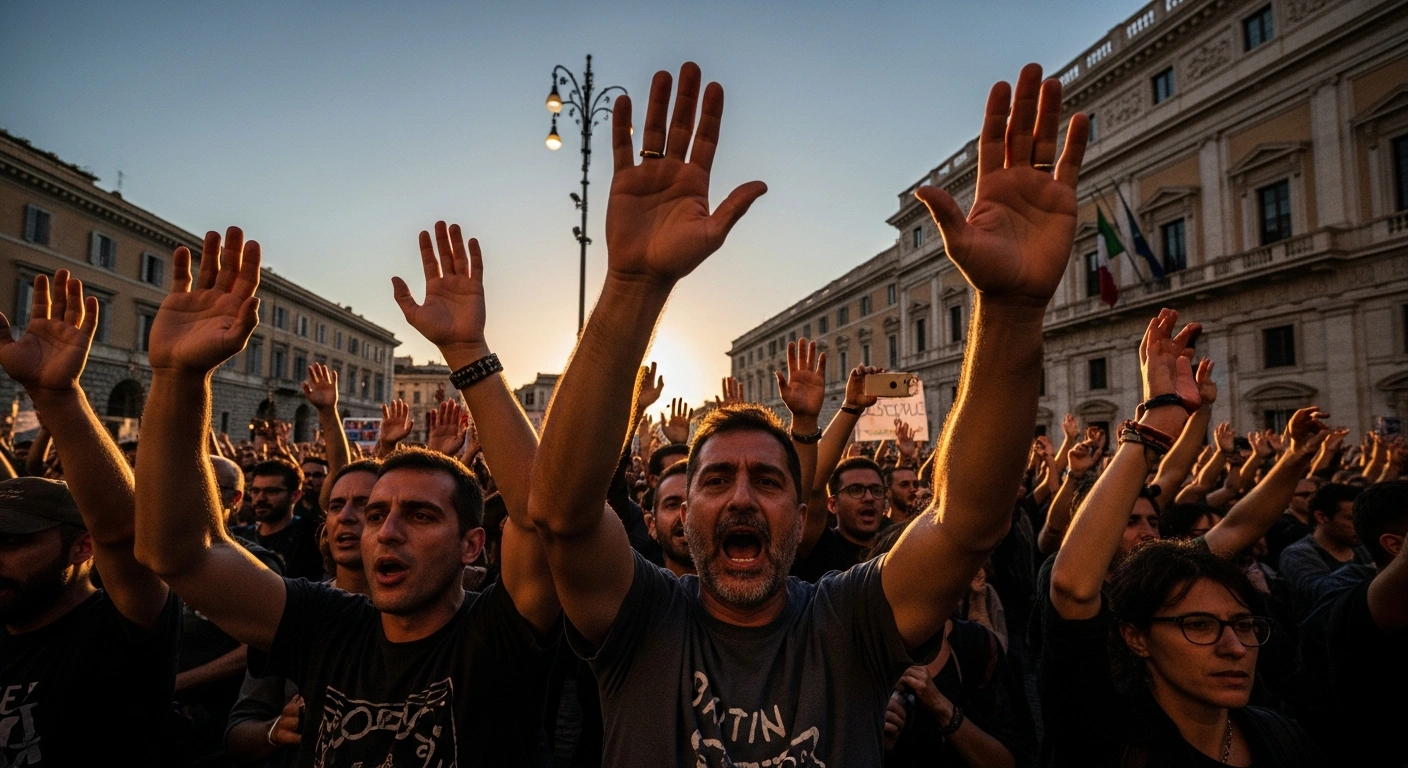 A wide, low-angle shot at dusk depicts a large crowd of Italian protestors in a historic piazza, raising their hands in a unified gesture, symbolizing popular mobilization in Italy condemning US actions against Venezuela, with a grand government building in the background representing the Italian government's nuanced position.