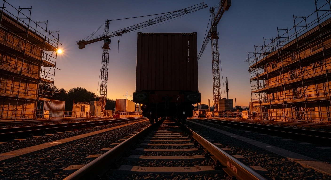 A freight train sits stationary on an Italian rail line during extensive infrastructure maintenance and modernization work.