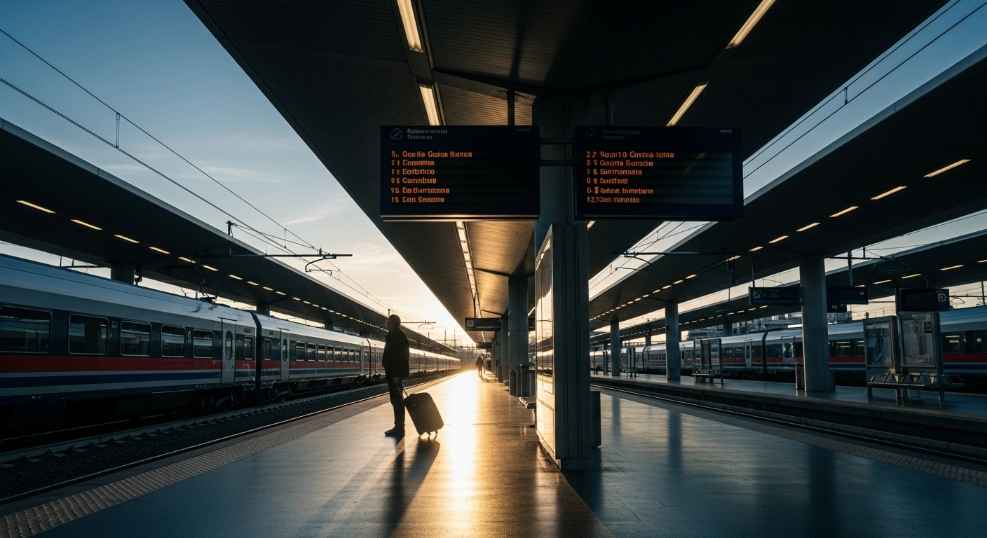 A lone traveler stands on a quiet Italian train platform during a national Italo NTV rail strike that has caused widespread travel disruptions.