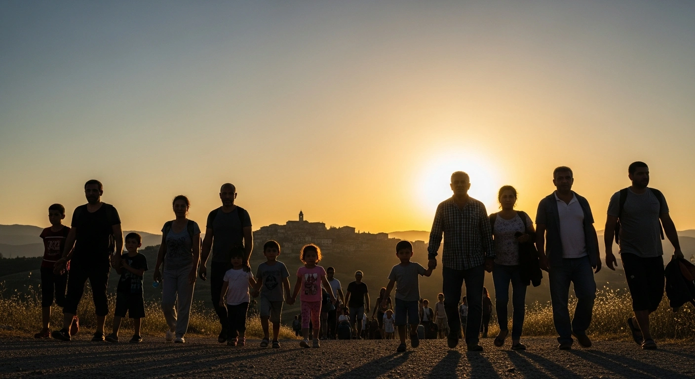 A diverse group of refugees, including families, children, and elders, walks towards a sun-drenched Italian village at golden hour, symbolizing the safe pathways and new start provided by Italy's decade of support recognized by the UNHCR.