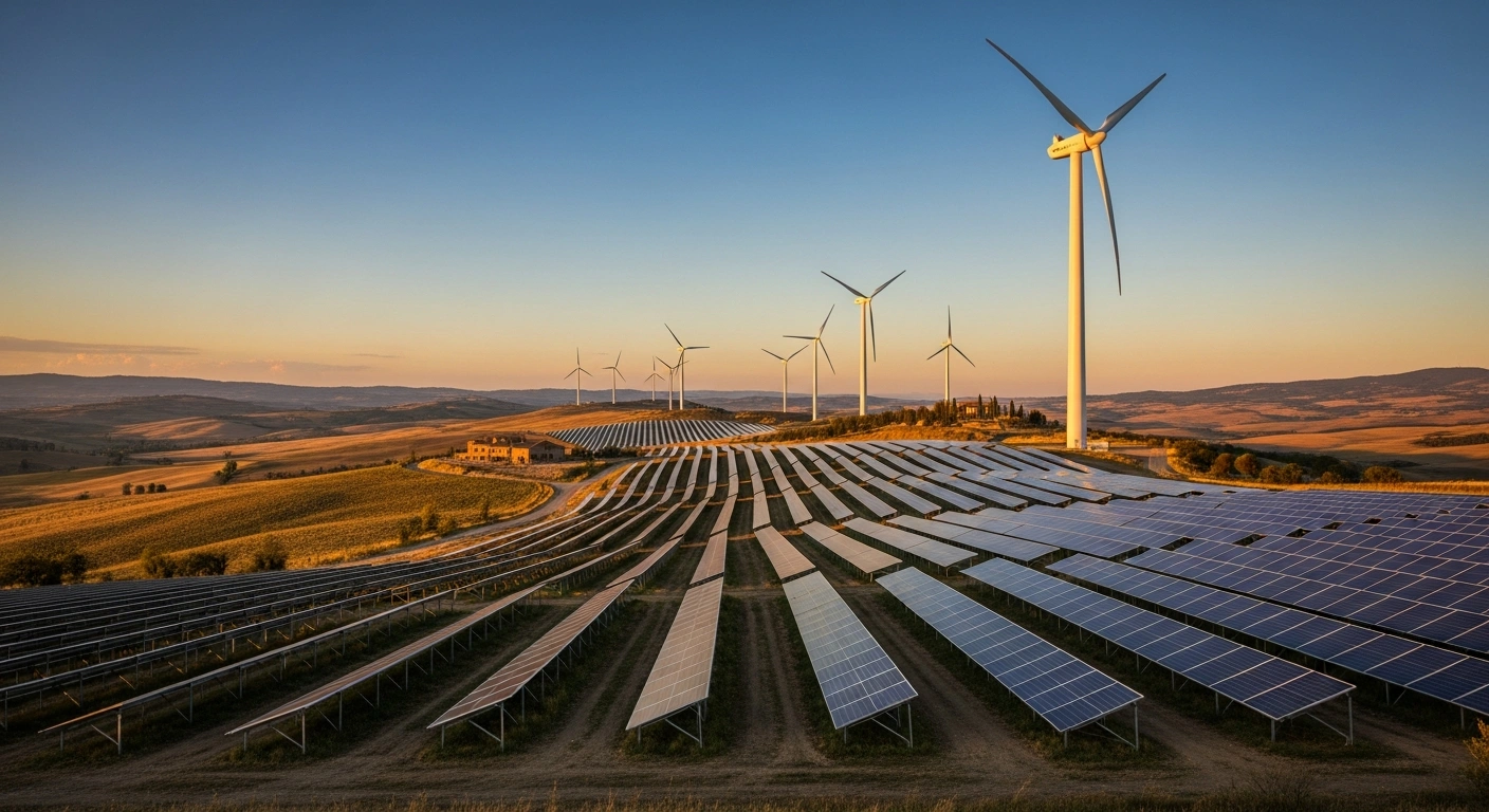 A vast landscape in Italy features wind turbines and solar panels as part of a renewable energy initiative supported by the European Commission.