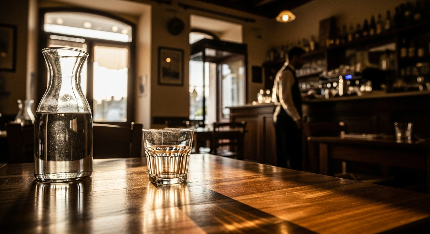 An empty glass sits on a wooden table in an Italian restaurant where the provision of free tap water is at the discretion of the business owner.