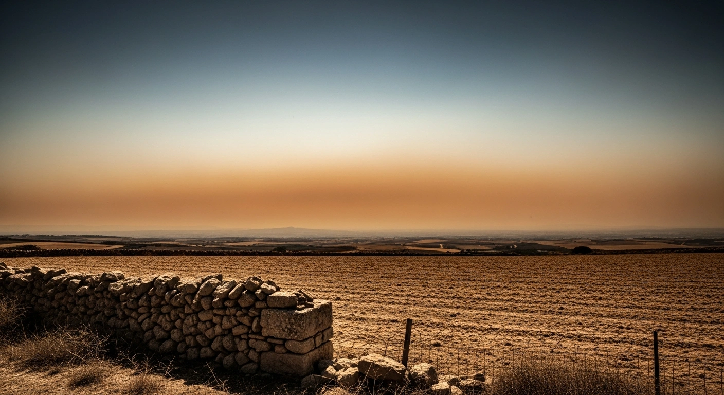 A sun-scorched landscape in Sardinia experiences an intense heat wave with visible heat haze rising from the dry, cracked ground.