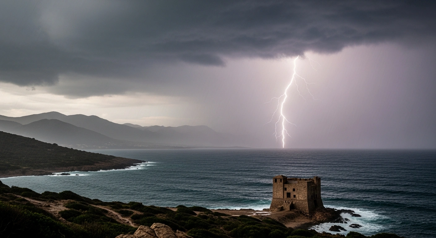 A dramatic, wide shot captures the rugged coastline of Sardinia under a tumultuous, bruised sky with torrential rain and a jagged bolt of lightning illuminating the dark Mediterranean Sea, representing the heavy rainfall and thunderstorms that prompted an orange weather alert in Italy.