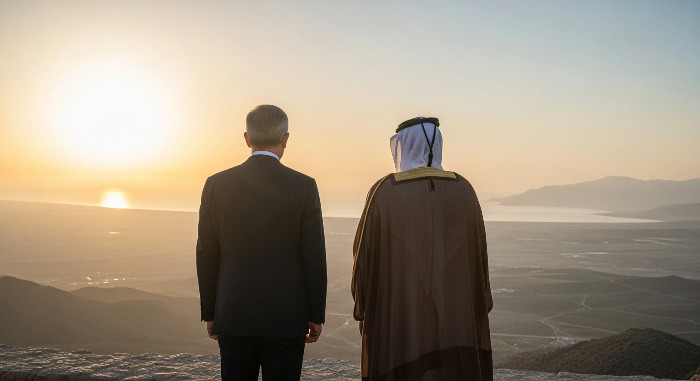 Two male figures, one in a suit and one in traditional Middle Eastern attire, stand side-by-side on a high vantage point, looking at a horizon where a desert landscape meets a coastline under golden hour light, symbolizing the unprecedented strategic strength in bilateral relations between Italy and Saudi Arabia and their shared commitment to peace and stability in the Middle East.