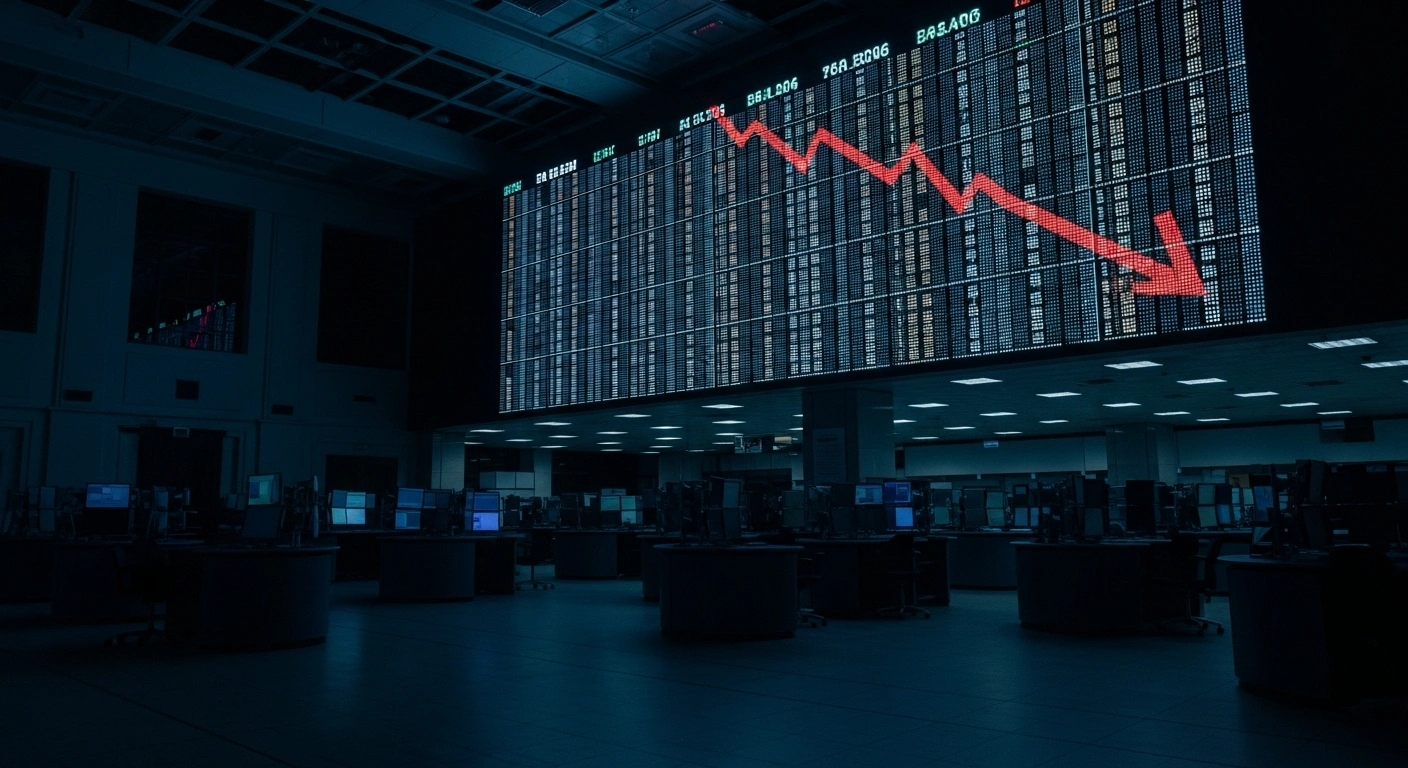 A dimly lit, deserted European stock exchange trading floor features a large digital ticker board displaying a sharp red downward arrow, symbolizing the 1.3% decline of Italy's FTSEMib index to 41,954.98 points on September 17, 2025, following the US Federal Reserve's 25 basis point interest rate cut.