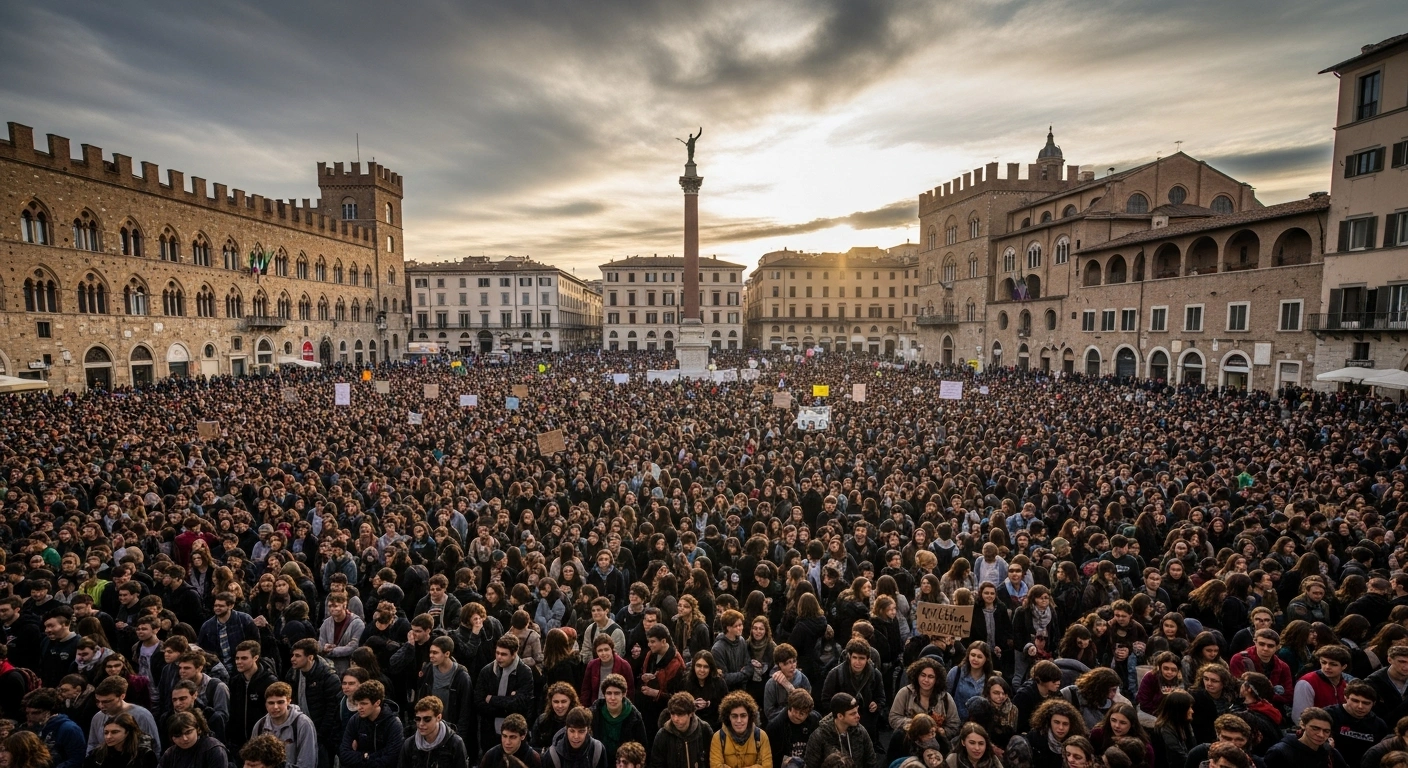 Thousands of students are seen participating in a national strike in a historic Italian piazza, demanding education reform and action against climate change, while also protesting government policies.