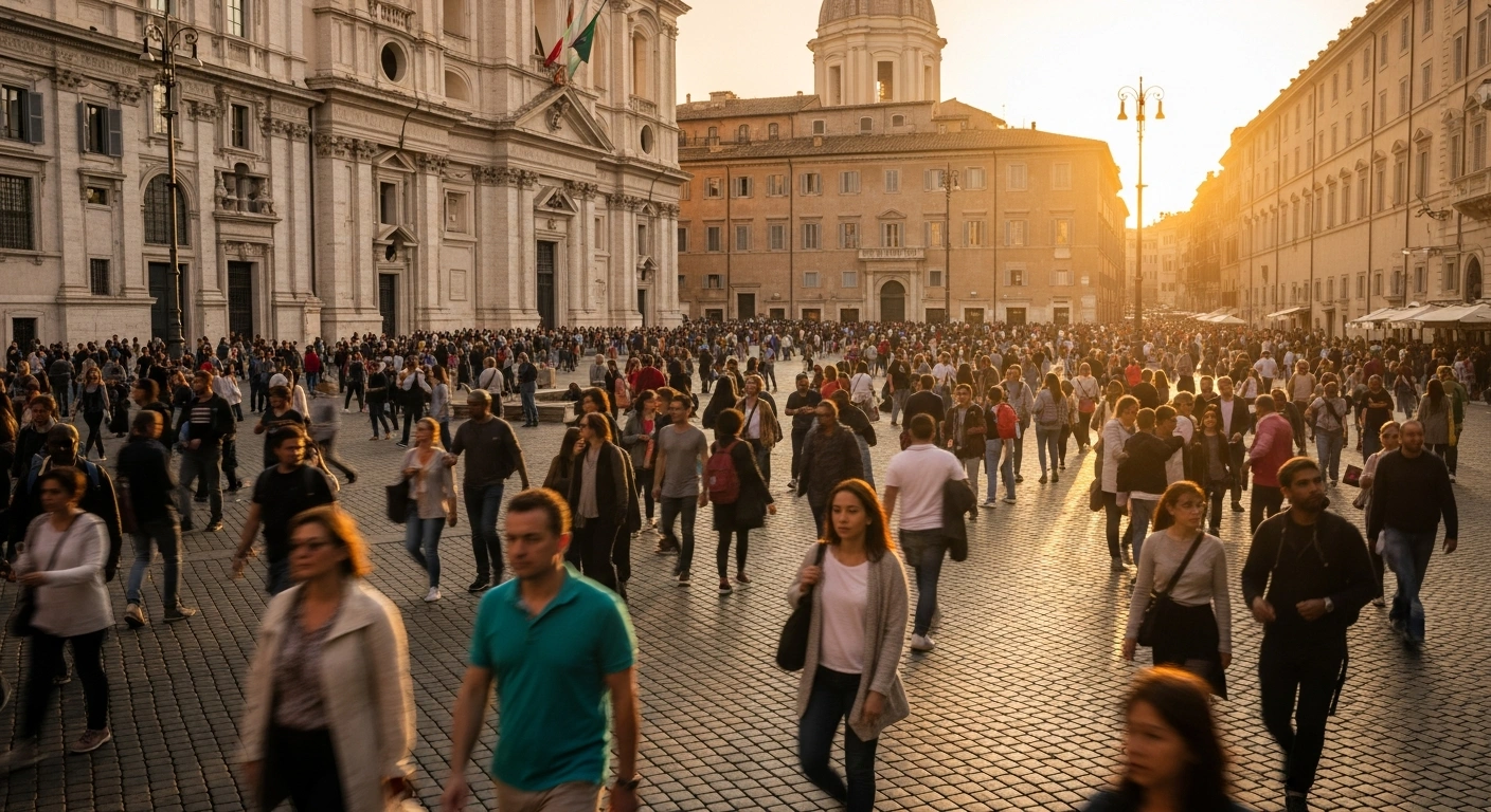 An elevated, wide-angle photograph captures a bustling Roman piazza at golden hour, teeming with a diverse crowd of international tourists, symbolizing Italy's record tourism boom and the emerging concerns of overtourism in popular destinations.