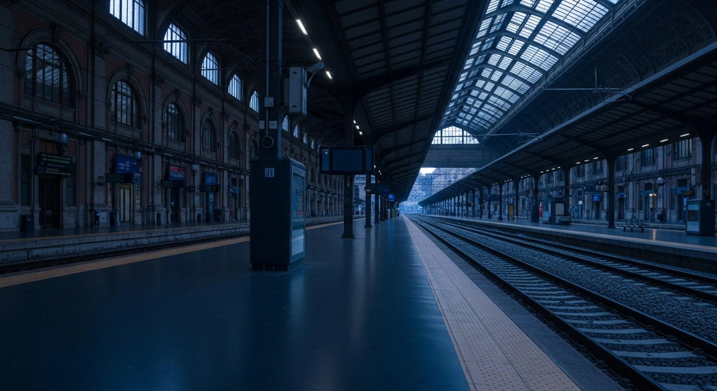 A wide, low-angle shot of a deserted, dimly lit platform at a grand Italian train station, with a single empty track stretching into the distance under cool, blue early morning light, symbolizing nationwide transport strikes and significant disruptions in Italy for November and December 2025.