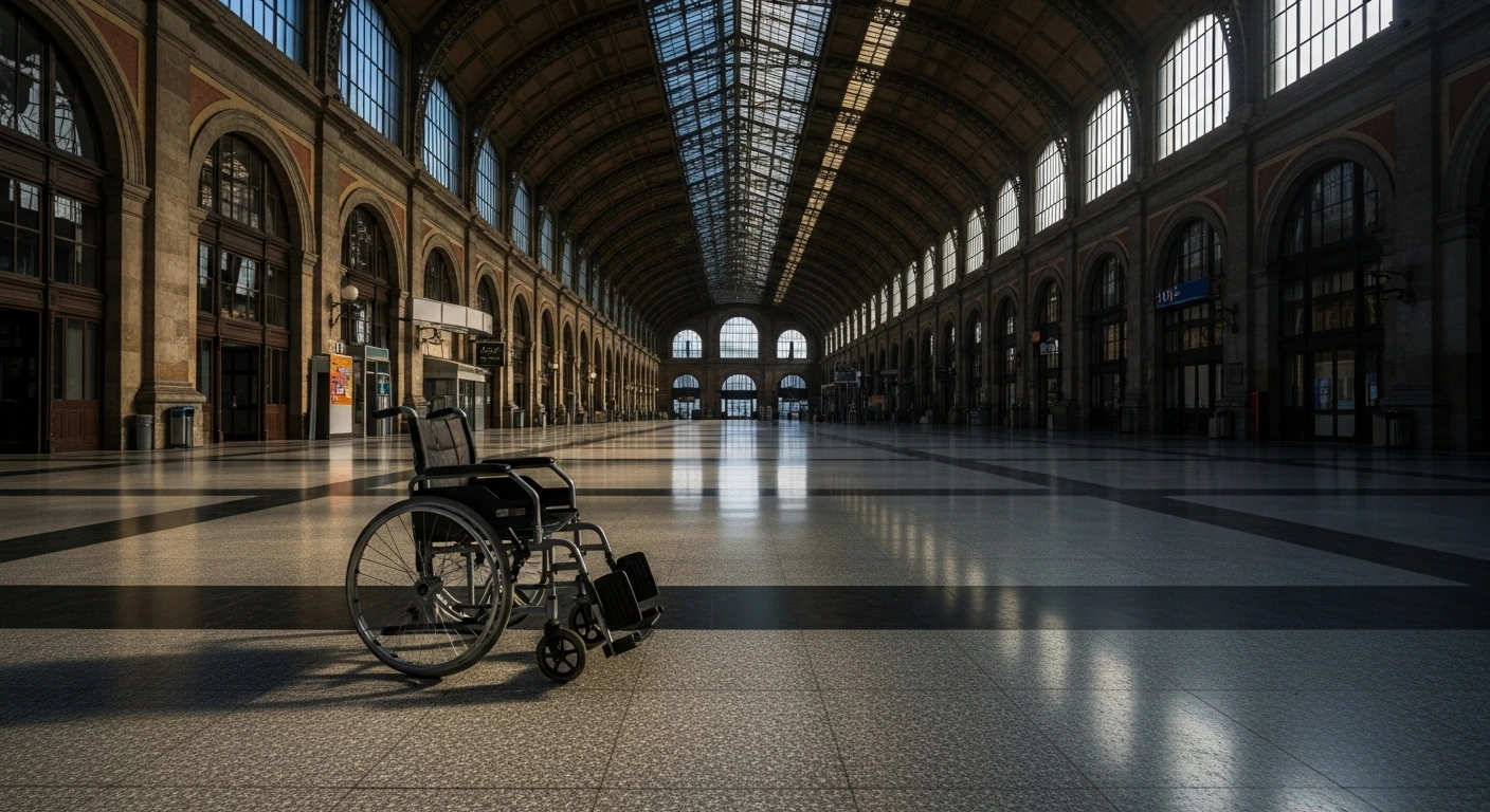 A wide, low-angle shot of a vast, deserted Italian train station concourse with cold, diffused morning light, featuring a single abandoned wheelchair in the foreground, symbolizing extensive transport disruptions in Italy during March 2026 due to strikes, coinciding with the Milan-Cortina Winter Paralympics.