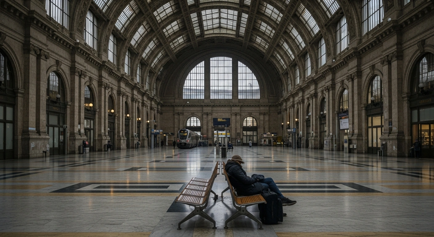 A wide, low-angle photograph shows the deserted main concourse of a grand Italian train station under overcast light, with a lone, weary traveler slumped on a bench, symbolizing widespread travel disruption and cancellations in Italy.